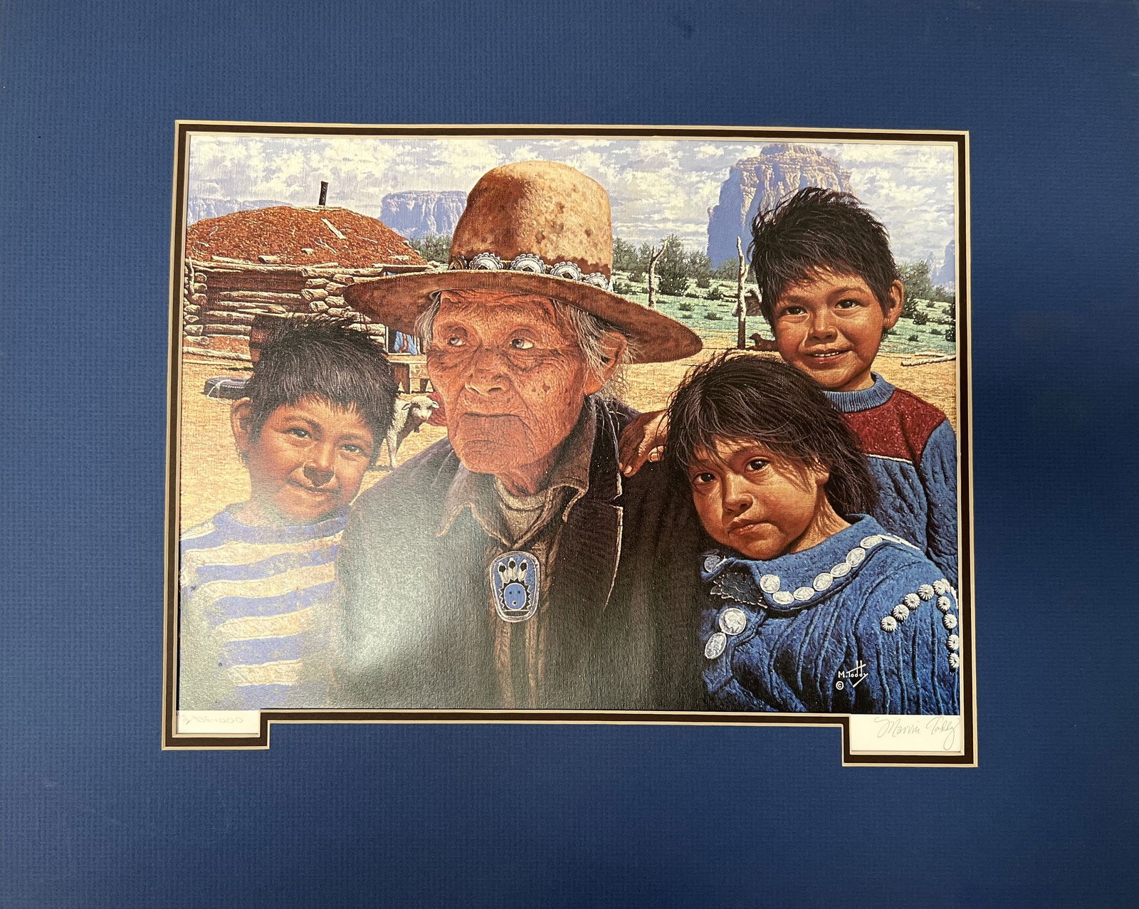 Marvin Toddy Signed & Numbered Navajo Art Print 439/1000 "Family Portrait" 20x16: This item is a limited-edition lithograph by the acclaimed Navajo (Diné) artist Marvin Toddy (b. 1954). The artwork features a multi-generational portrait, a hallmark of Toddy’s style which focuses