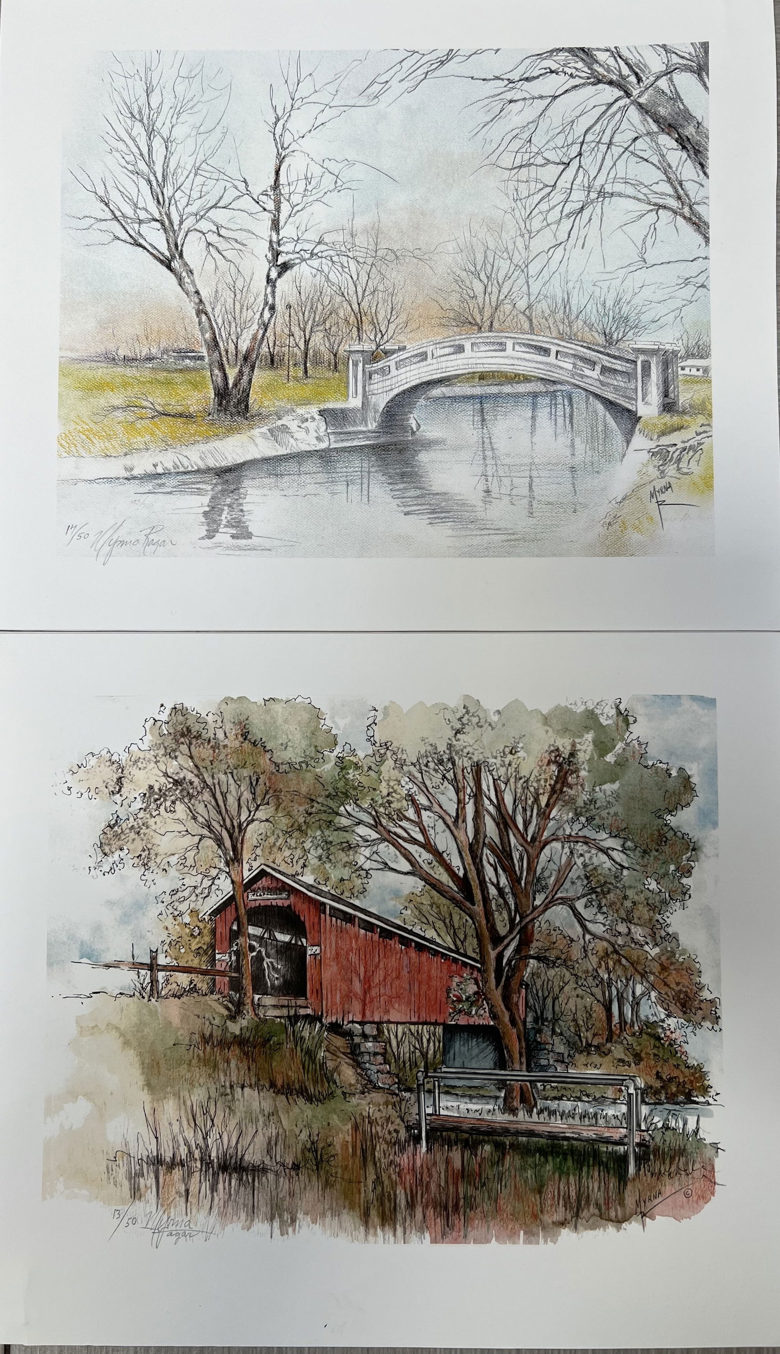 Set of 2 Myrna Ragar Signed & Numbered Prints | Limited Edition | Covered Bridge & Arched Bridge: This pair of limited-edition prints is by the artist Myrna Ragar. These works showcase her signature watercolor and ink style, often focusing on nostalgic architectural and landscape scenes.This set f
