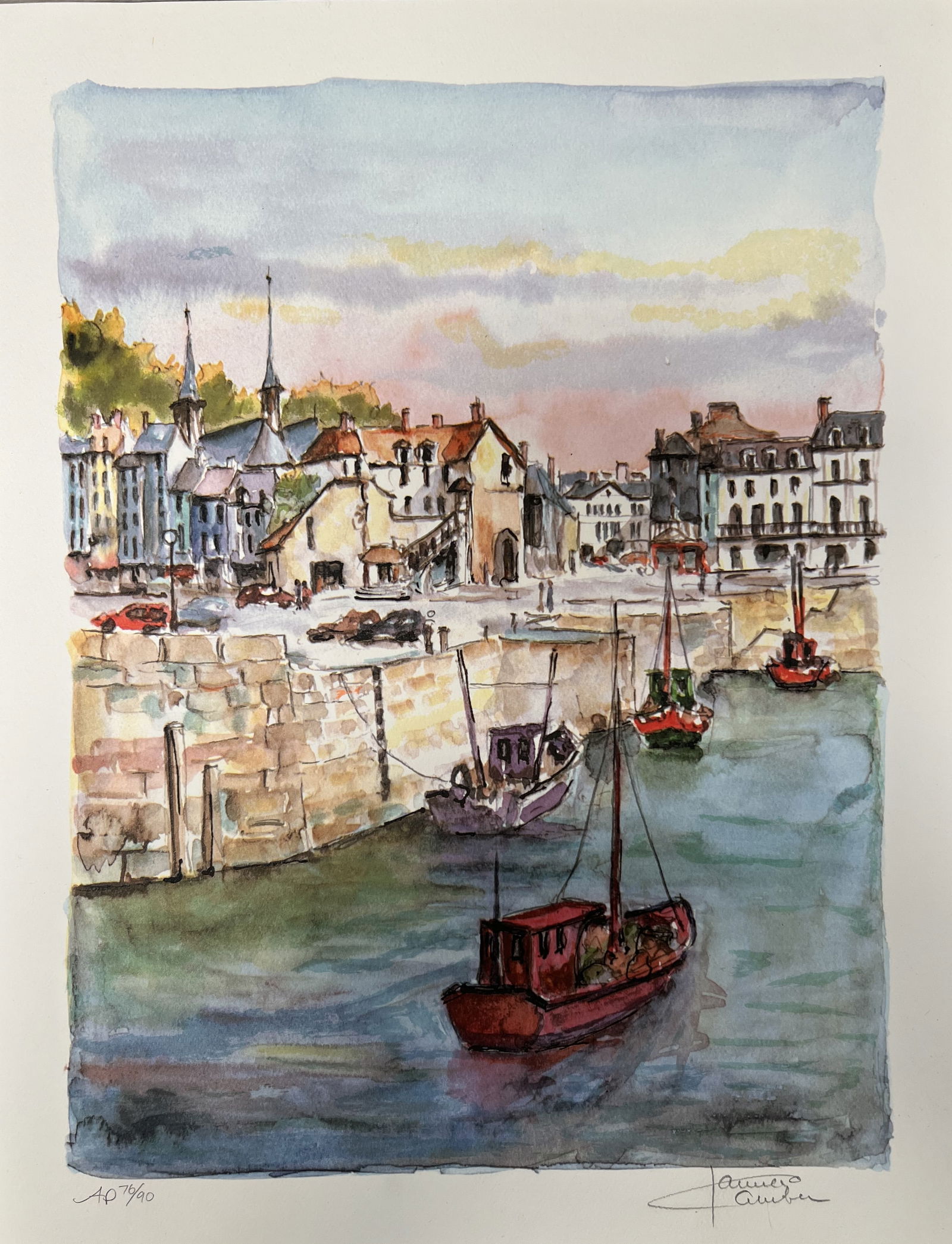 Daniele Cambier – "Honfleur: Le Port et la Lieutenance" – Signed Limited Edition Seriolithograph: This beautiful, limited-edition seriolithograph by renowned French artist Daniele Cambier (b. 1939) captures the picturesque harbor of Honfleur in Normandy. Known for her masterful watercolors and cit