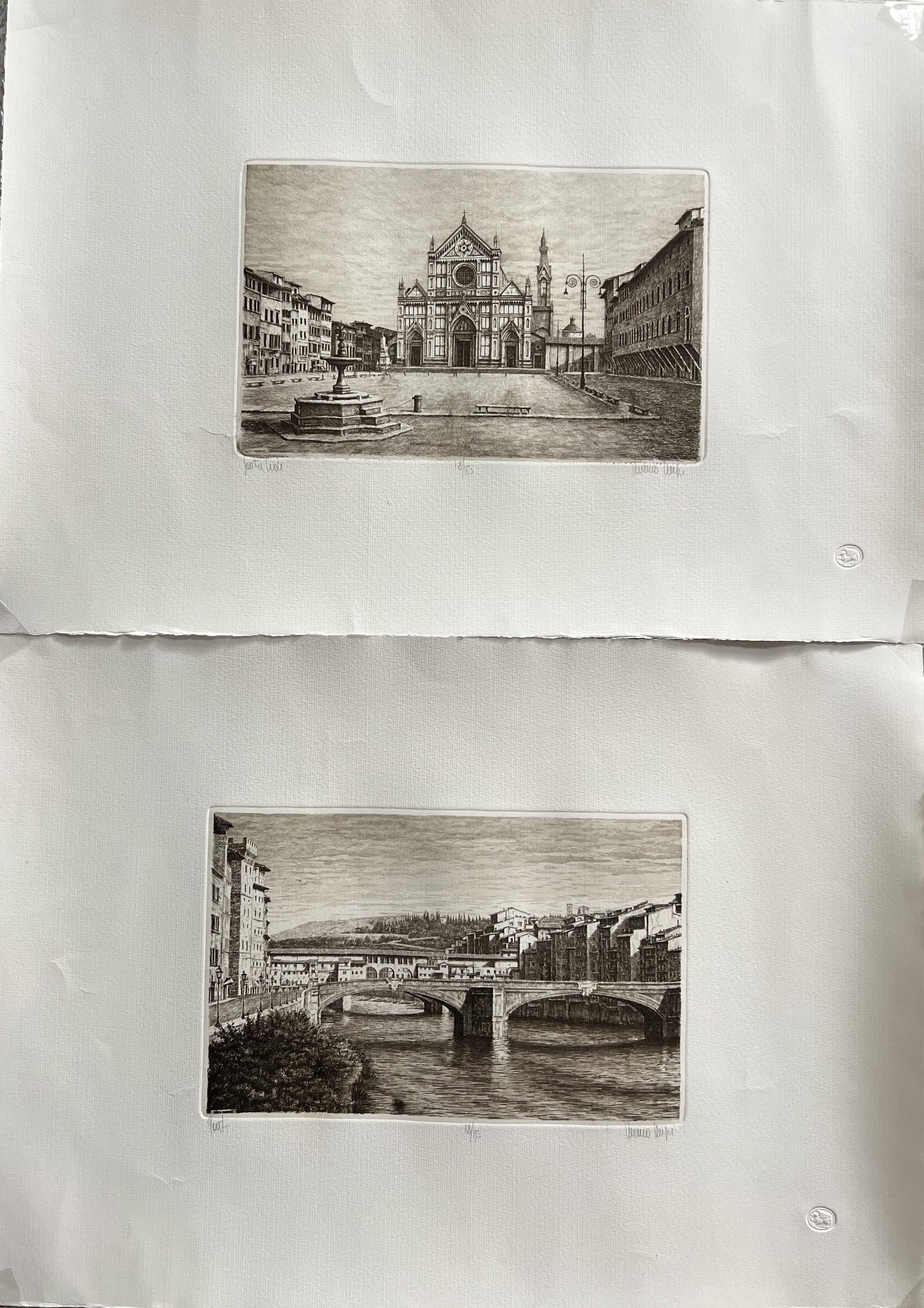 Jacques Renaud Bénard Limited Edition Etchings - Florence: Santa Croce & Ponte Vecchio - Set of 2: These etchings depict two iconic landmarks in Florence, Italy, and were created by Jacques Renaud Bénard (1731–1794), a prolific French engraver best known for his work on Diderot’s