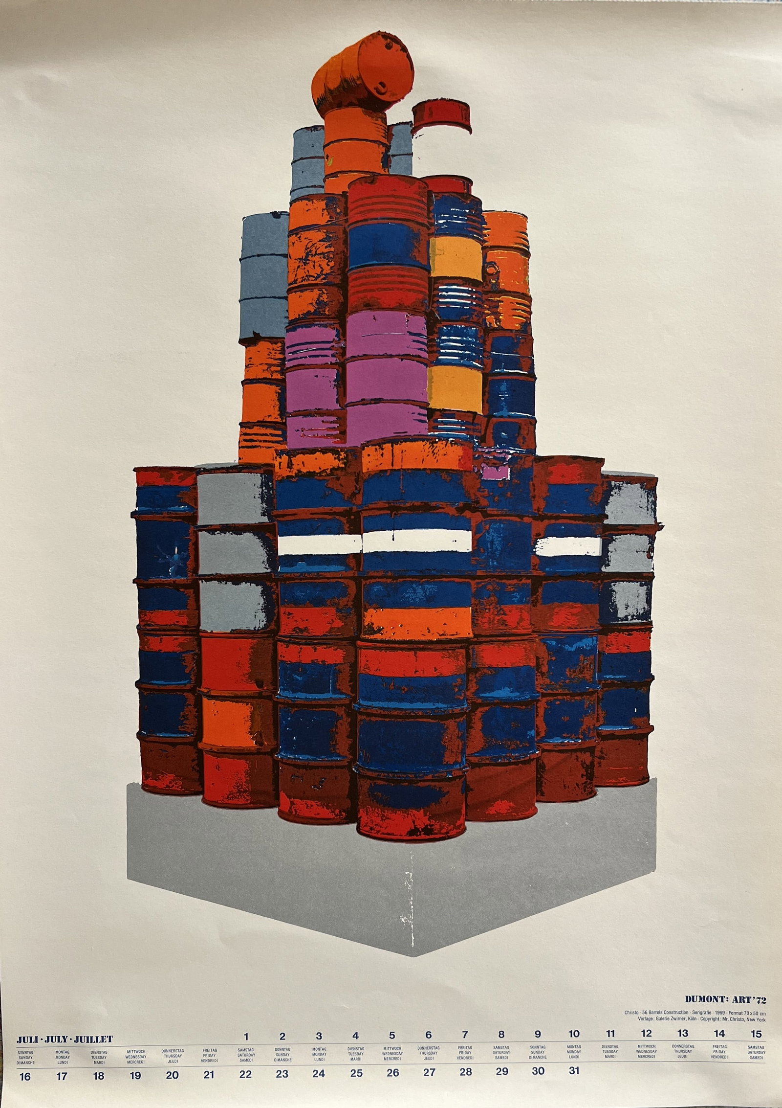 Vintage 1972 Christo "56 Barrels Construction" Dumont Art Exhibition Calendar Poster: Artist: Christo (Christo Javacheff, 1935–2020)Publication: Dumont Art ’72 (Cologne, Germany)Date: 1972Subject: 56 Barrels Construction, 1968Medium: Offset Lithograph / Calendar
