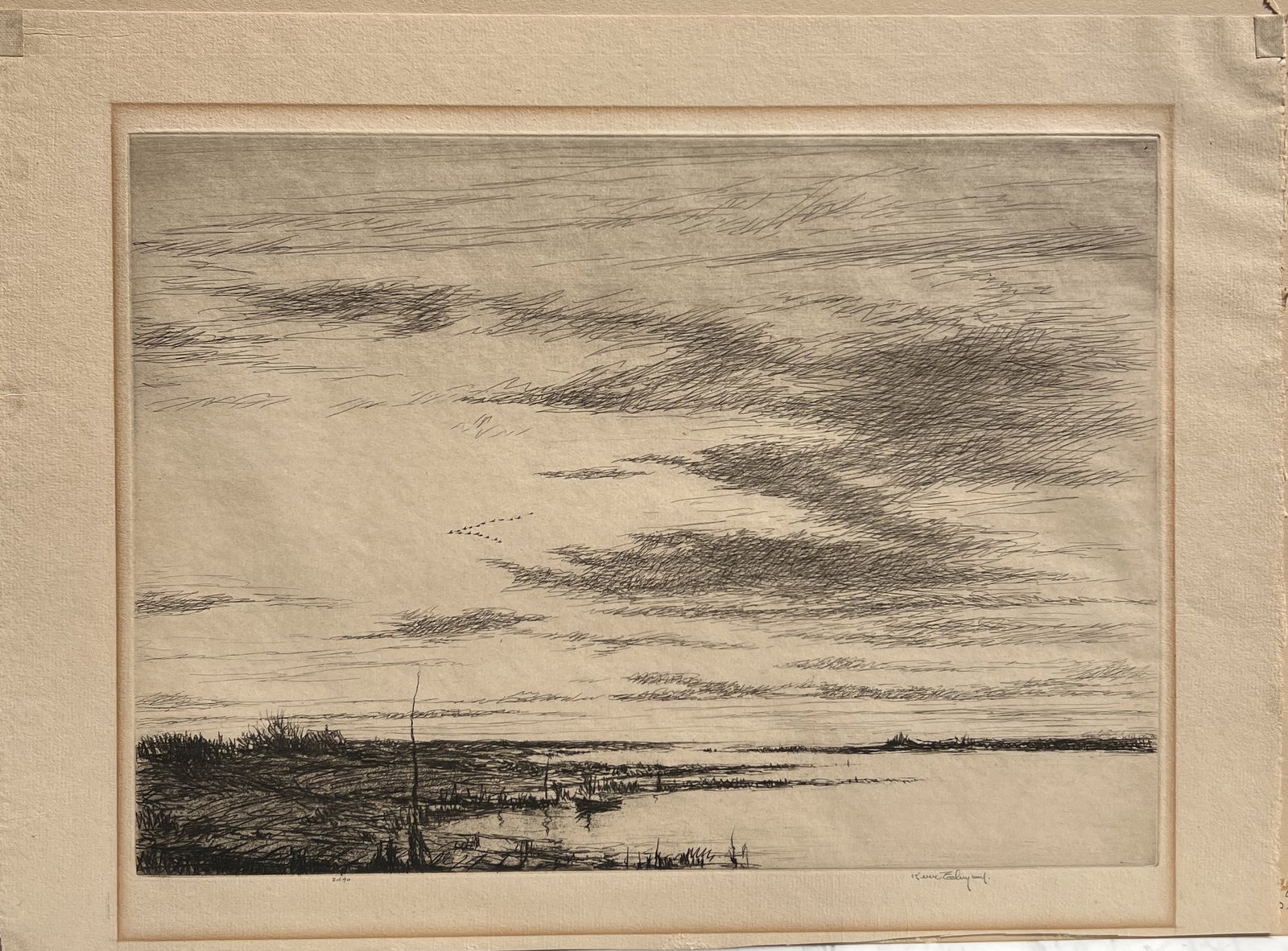 Frank W. Benson Original Signed Etching - "Evening" (1916) - Wildfowl & Wetlands: Artist: Frank Weston Benson (American, 1862–1951)Title: Likely Evening (Reference: Paff 103)Medium: Original Etching on paperSignature: Hand-signed in pencil "Frank W. Benson" in the lower right mar