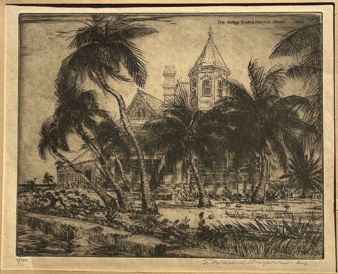 F. Townsend Morgan Signed Etching - The Judge Vining Harris House (Southernmost House), Key West - 1: Artist: F. Townsend Morgan (American, 1883–1965)Title: The Judge Vining Harris House (now known as the Southernmost House)Date: 1947 (Inscribed in plate)Medium: Original EtchingEdition: Limited