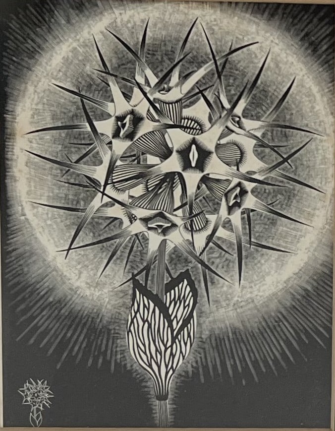 M.C. Escher "Thistle" (1945) Woodcut Style Print - Framed & Matted - 10" x 12": Artist: Maurits Cornelis (M.C.) Escher (Dutch, 1898–1972)Title: Thistle (Distel)Original Date of Work: 1945Frame Size: 10" x 12"The Artwork:This piece is a classic example of M.C. Escher’s