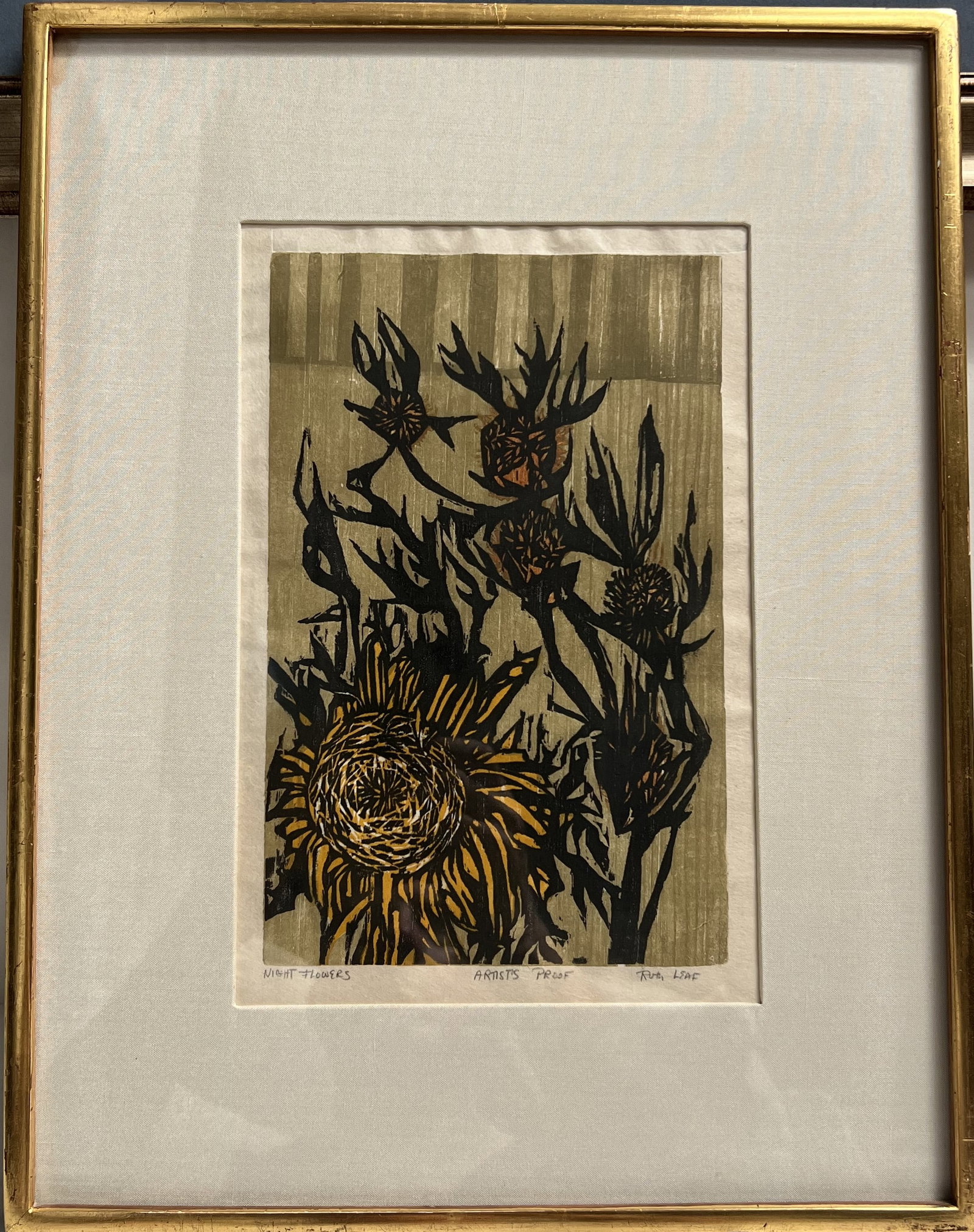 Ruth Leaf "Night Flowers" Signed Artist's Proof Color Woodcut - Framed 12x15: Ruth Leaf (1923–2015) was a highly accomplished American printmaker, particularly known for her mastery of etching and woodcuts. She even wrote the definitive textbook Etching, which is still used