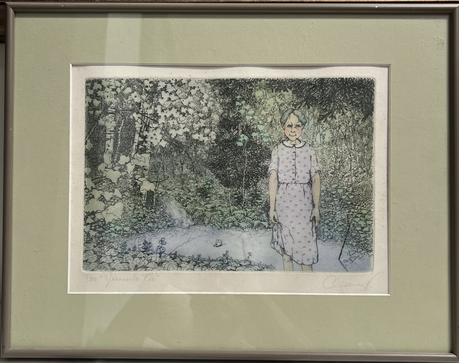 Lisette Charest "Jeanne la Fée" Signed Etching & Aquatint - 1986 w/ COA - 18x14: Artist: Lisette Charest (Quebec, Canada). Known for her whimsical, delicate portrayals of nature and community life.• Title: "Jeanne la Fée" (Jeanne the Fairy).• Medium: Hand-colored