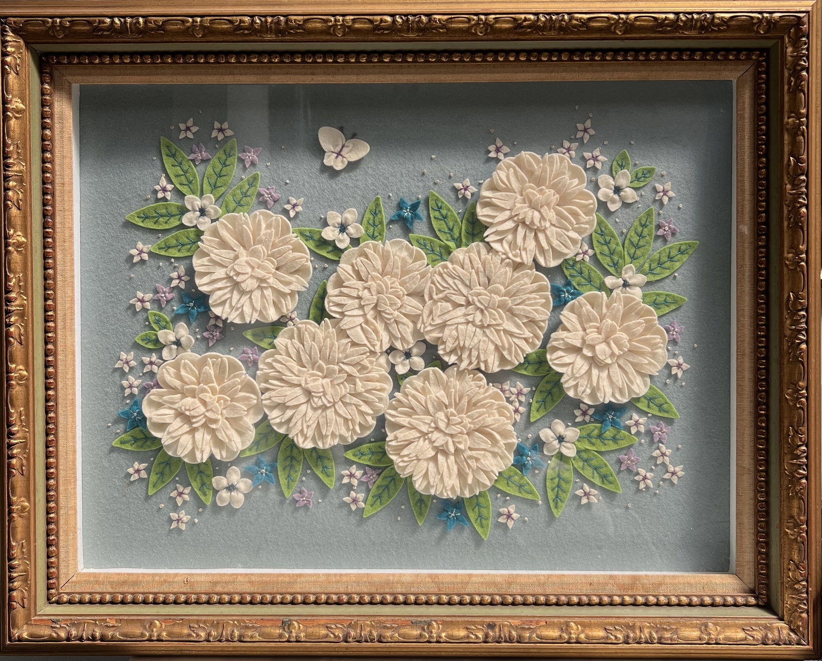 Ornate Vintage 3D Floral Fabric Sculpture Shadow Box – Gilt Frame – 23" x 30": This is a delicate and highly textural Three-Dimensional Fabric Shadow Box, likely a piece of mid-century or vintage folk art. It showcases an intricate "stumpwork" or fabric manipulation