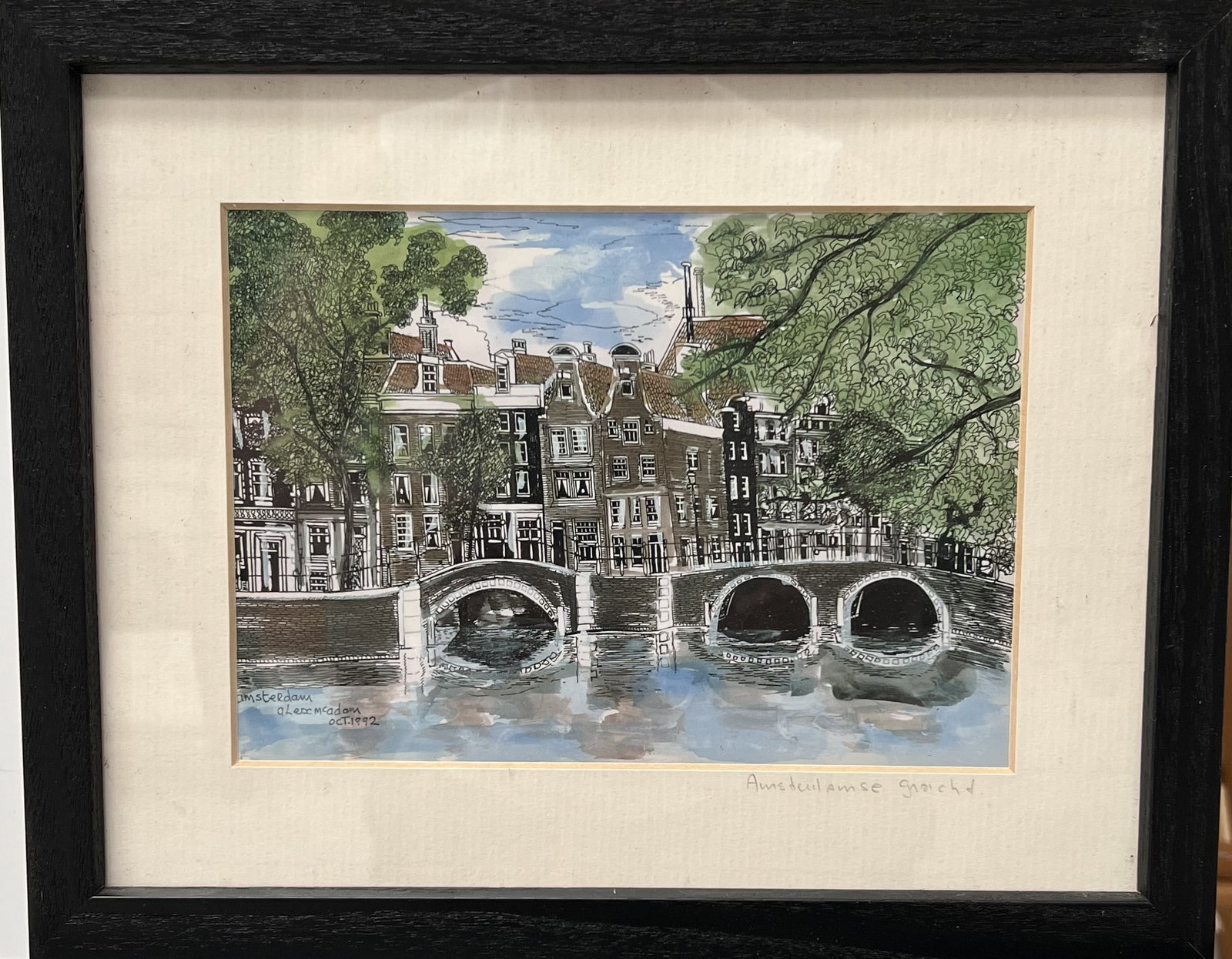Amsterdamse Gracht Amsterdam Canal: Subject: A classic view of Dutch canal houses and arched stone bridges, likely the Reguliersgracht or a similar historic district in Amsterdam.• Medium: Watercolor and ink/lithograph