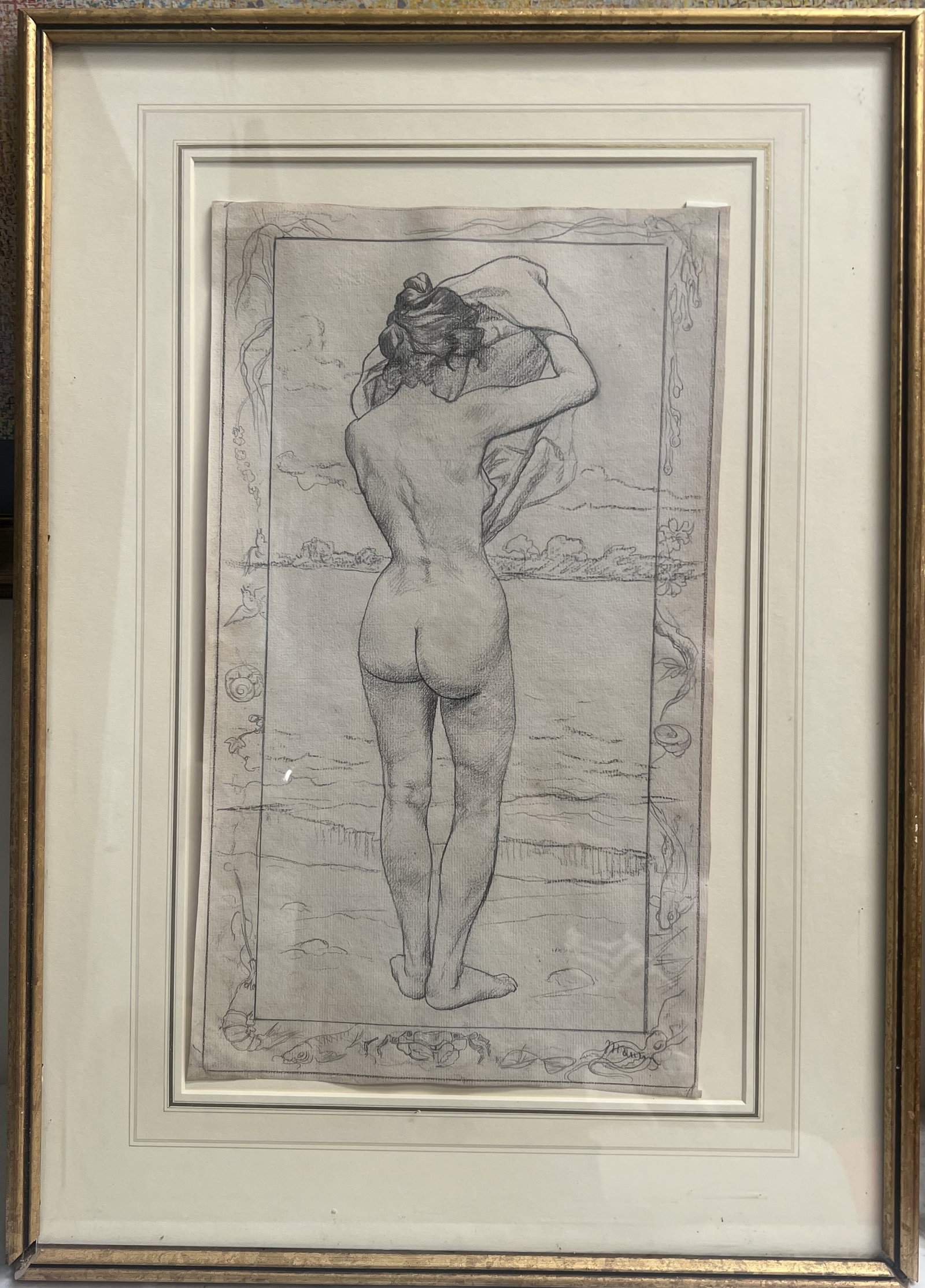 Alphonse Mucha Style Art Nouveau Print - "Nude at the Shore" - Marine Border - 18" x 25" Framed: This piece is a known composition often associated with the "Le Goût" (The Taste) or "L'Eau" (The Water) themes found in early 20th-century French illustration.• The Signature: In the bottom rig