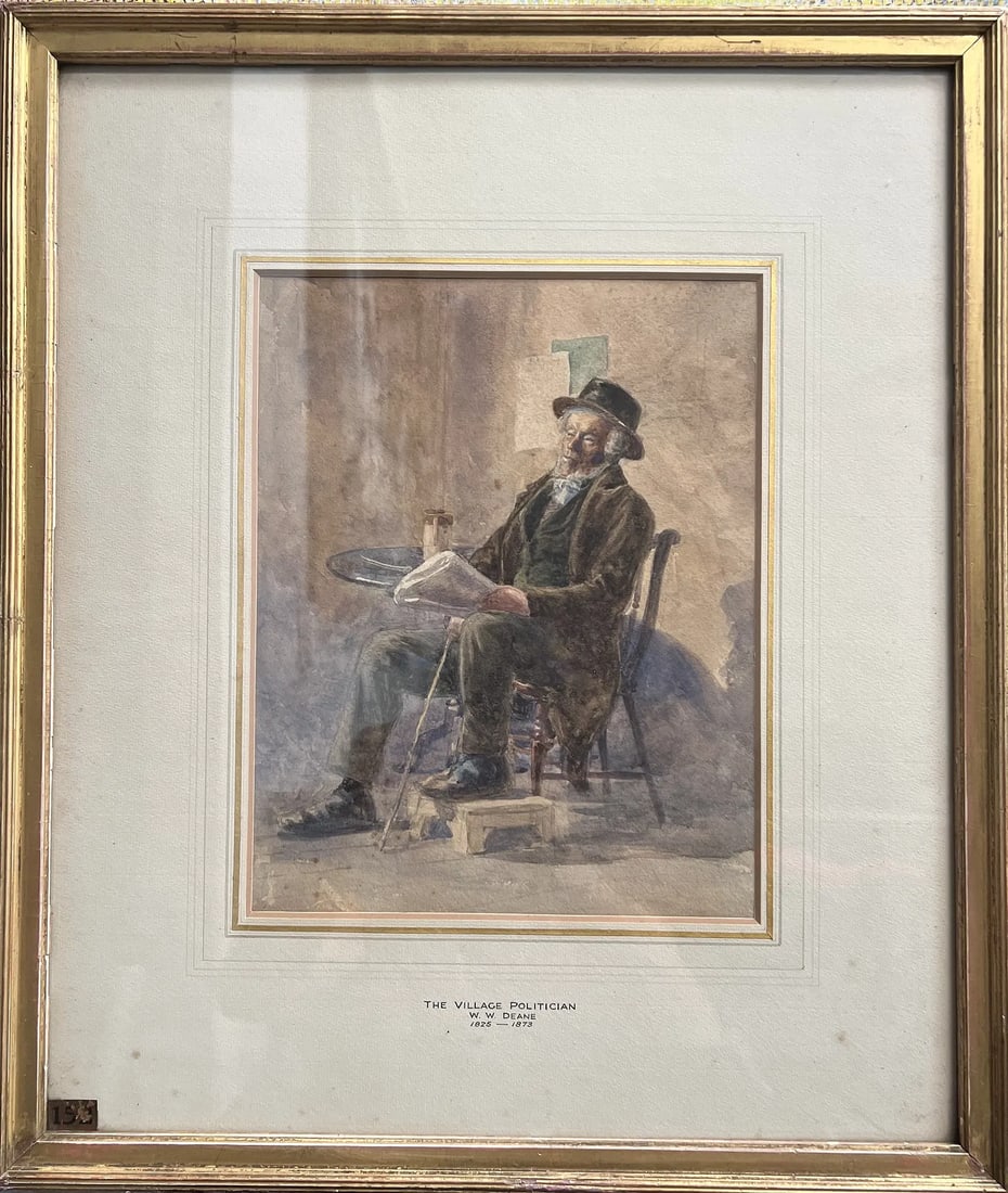 William Wood Deane (1825 - 1873) Watercolor on Paper "The Village Politican": This fine 19th-century watercolor on paper, titled "The Village Politician," is a character study by the noted British architect and painter William Wood Deane (OWS). Known primarily for his mastery o