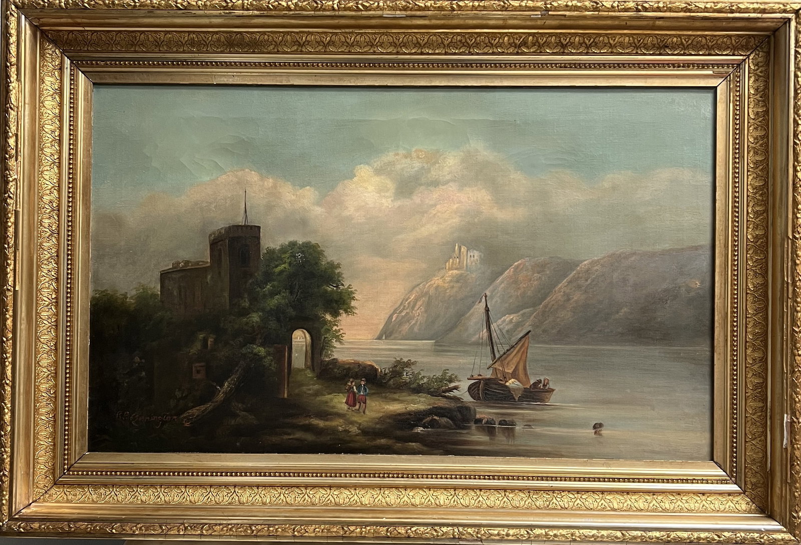 Richard Parkes Bonington (1802–1828) Attributed to , oil on canvas: Artist: Attributed to Richard Parkes Bonington (1802–1828).• Subject: A sweeping coastal or riverine landscape featuring a prominent fortified tower and archway in the foreground. In the distan