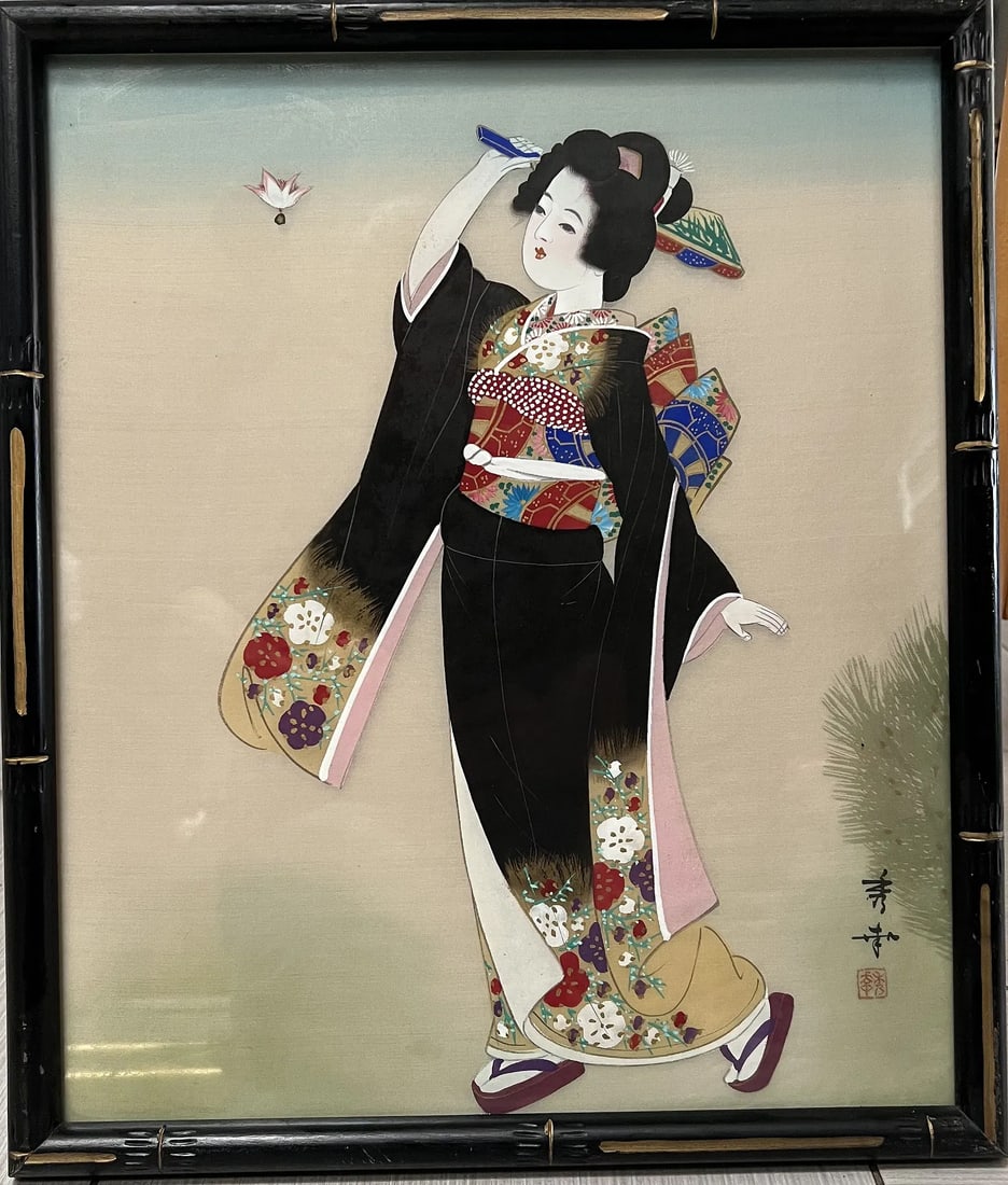 Mid-Century Asian Watercolor on Silk - Signed with Artist Seal - Framed Chinoiserie Art: OverviewThis exquisite 15" x 17" painting is an original work on silk, showcasing the delicate precision of traditional Chinese nature painting. The artwork depicts a vibrant songbird perched amongst 