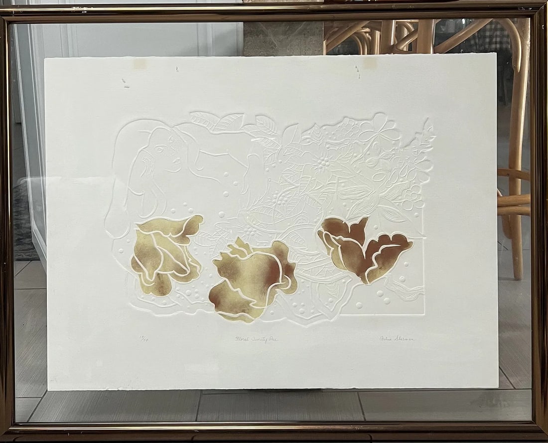 Ardis Shearer Signed Cast Paper Relief Print "Floral Serenity One" - 29x36: This striking piece is a masterwork of embossed paper relief, a technique where wet paper pulp is pressed into a mold to create a raised, sculptural image. Ardis Shearer is known for her serene, natur
