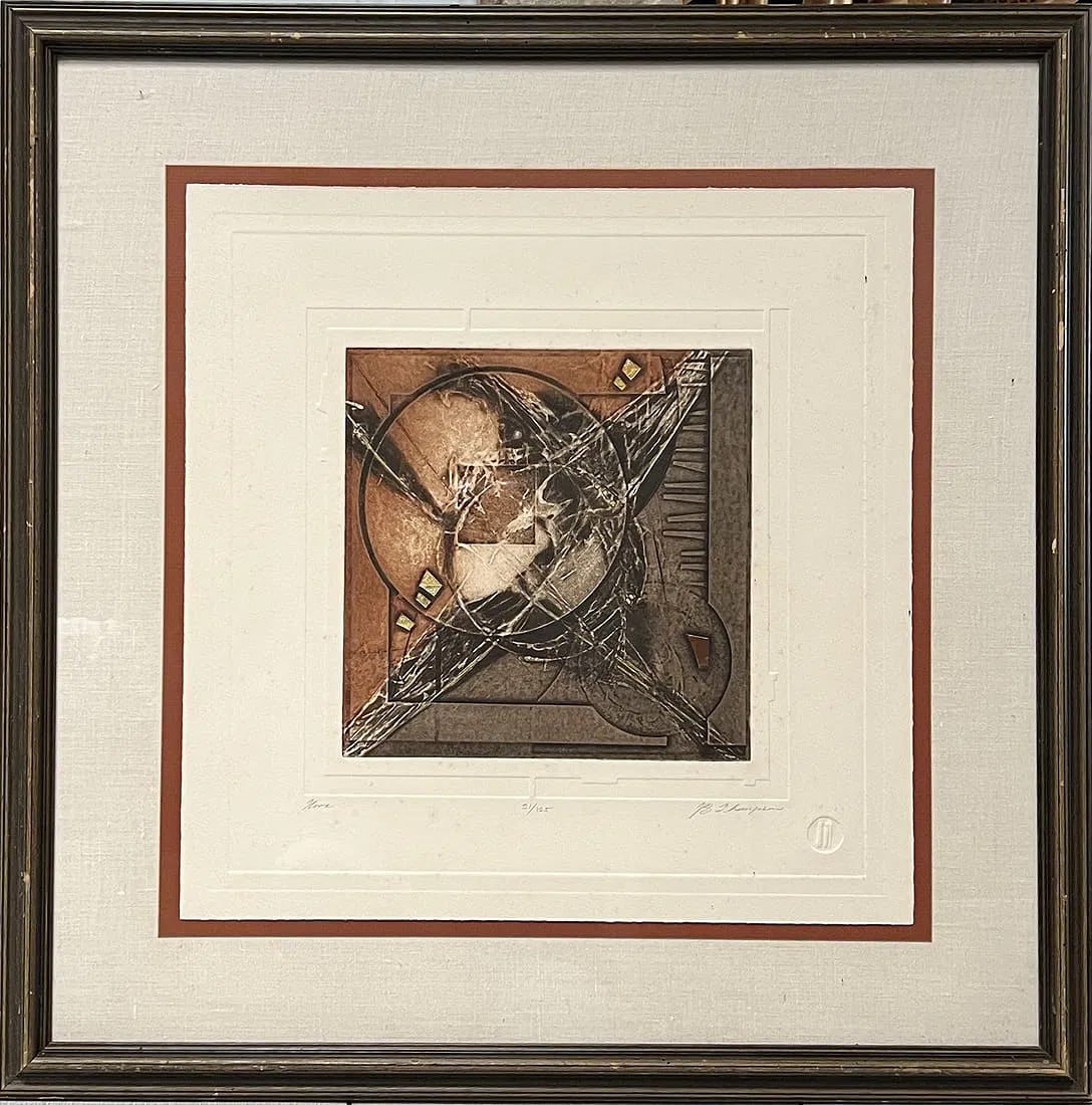 Ardis Shearer Signed Cast Paper Relief Etching - "Floral Serenity" - 28x29: OverviewThis piece is a sophisticated example of Ardis Shearer's work, blending traditional printmaking with modern textural elements. The artwork depicts a delicate floral and vine composition that a
