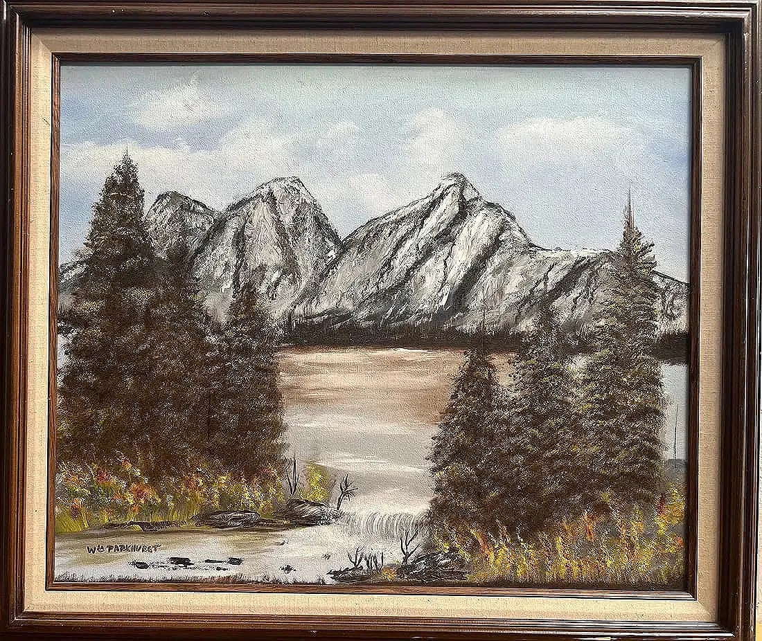 Wiliam Parkhurst "Lake with Mountain views" Oil on Canvas: This beautiful oil on canvas painting by William Parkhurst features a stunning lake with mountain views, perfect for any nature lover. The contemporary style and production technique of oil painting m