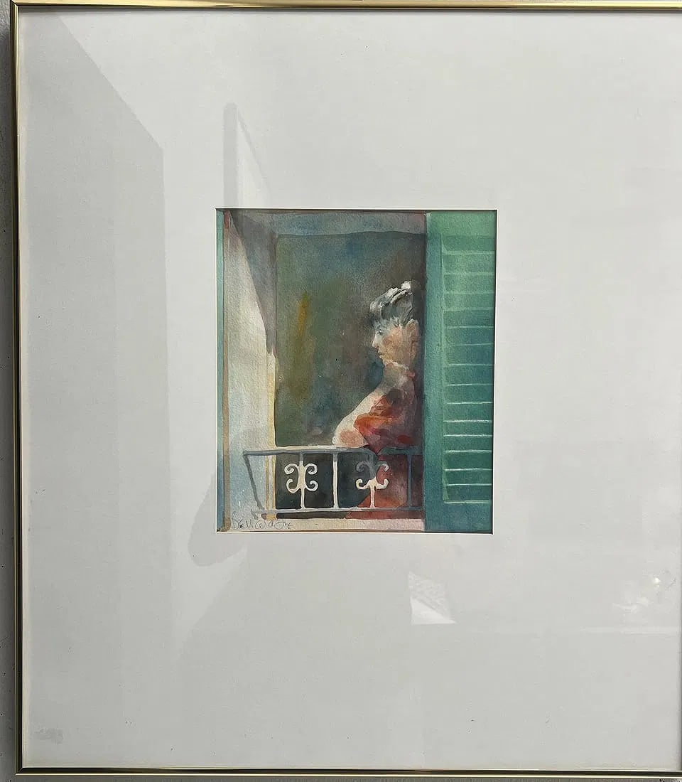 Barbara Dix "Girl at the Window" Water Color on Paper , Florida Artist: This beautiful painting titled "Girl at the Window" is a stunning example of the talents of Florida artist Barbara Dix. The piece, created in watercolor on paper, features a vibrant and captivating po