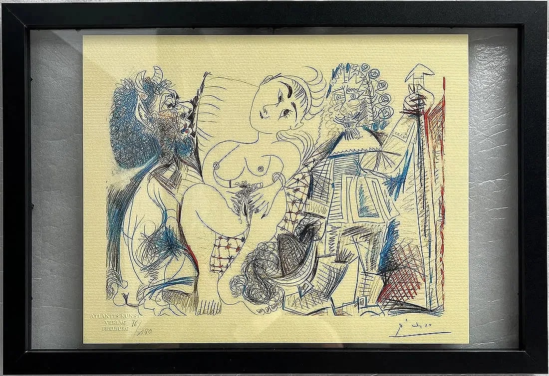 Pablo Picasso "The Faun and the Musketeer" Signed Color Lithograph W CO: This limited edition color lithograph titled "The Faun and the Musketeer" by renowned artist Pablo Picasso is signed and comes with a Certificate of Authenticity (COA) issued by Atlantis. Produced in 