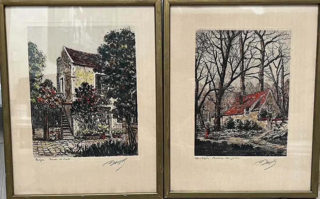 Pair of Framed Hand Colored etchings by MAURICE JACQUE, Hand Signed: The two framed pieces in the image are hand-colored etchings by the French artist Maurice Jacque (19th-20th century), known for his work associated with the Barbizon School. These etchings depict scen