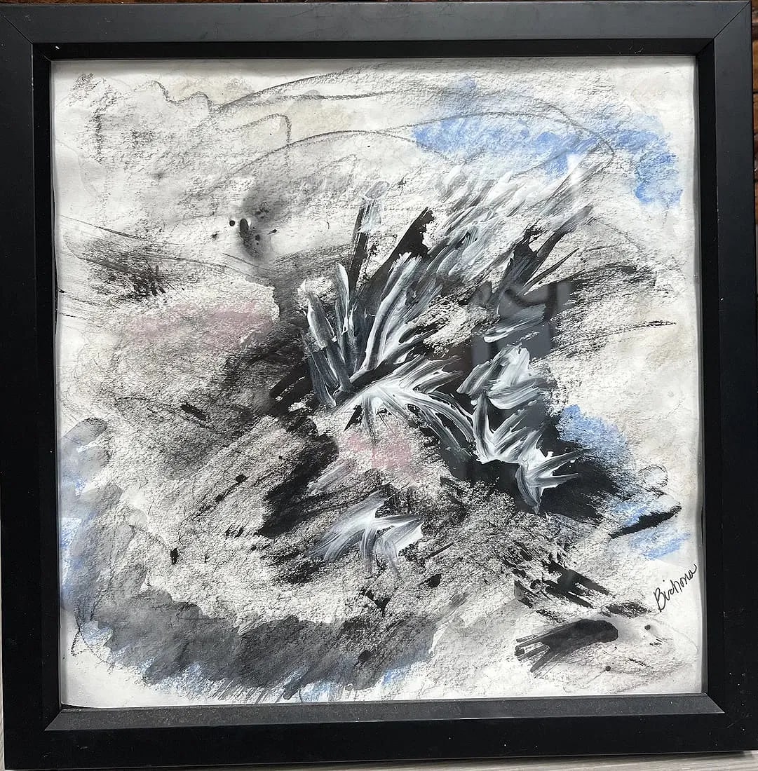 An Abstract Mixed Media Artwork Signed Bichona Lower Rt: abstract mixed-media artwork, possibly created with charcoal and paint, signed "Bichona" in the bottom right corner.The artwork features dynamic, gestural strokes in black, white, and gray, with accen