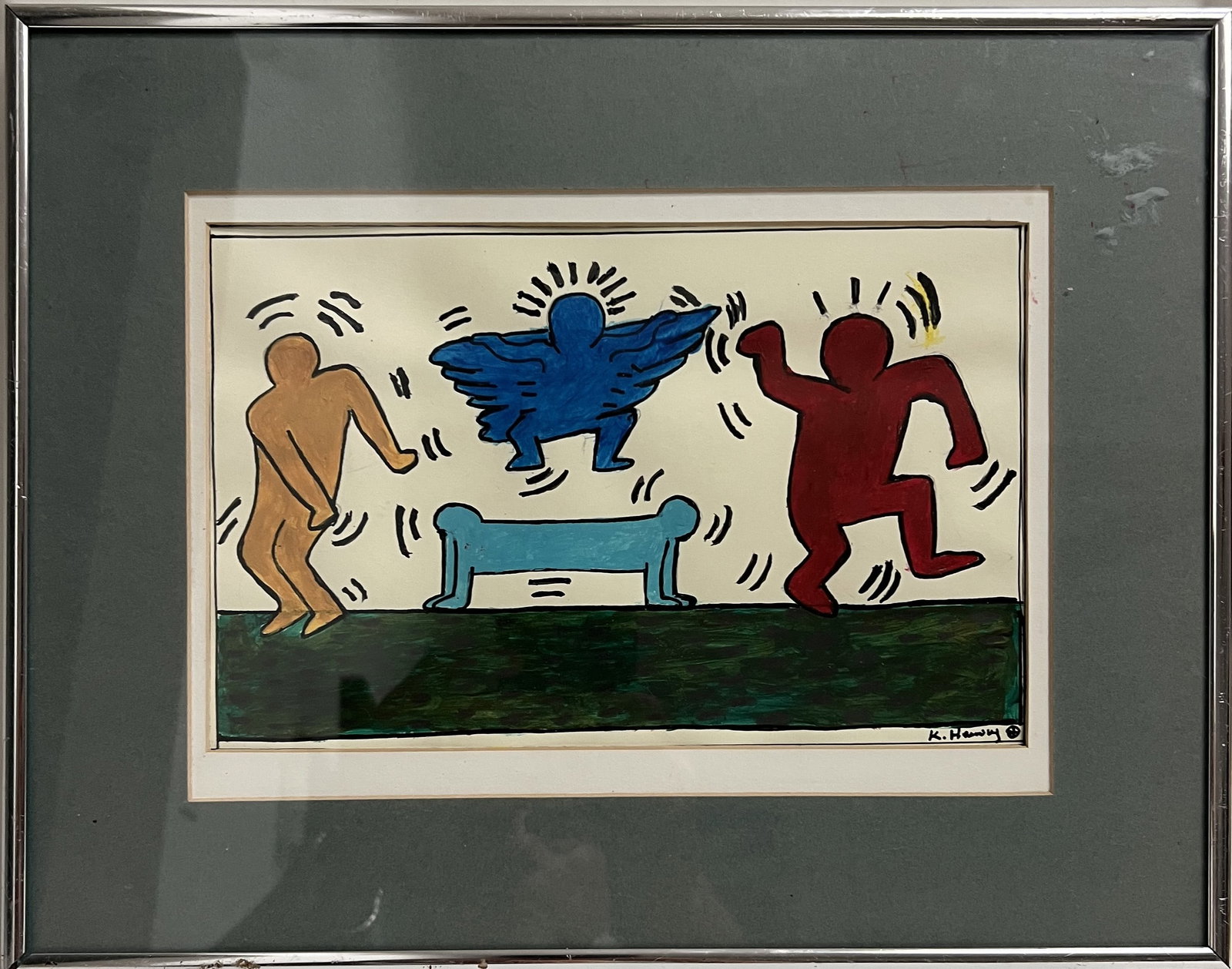 Keith Haring Untitled Three Dancing Figures and Winged Form, mixed media: The composition features a signature Haring motif: bold, gestural figures depicted in joyous, rhythmic movement. three primary figures are rendered in a vibrant palette: • A golden-ochre figure o