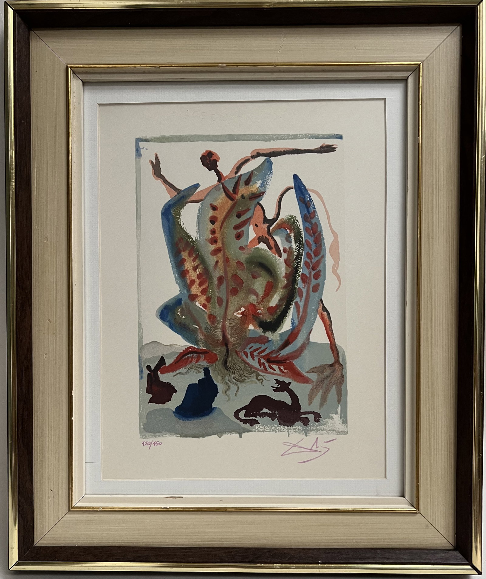 Salvador Dalí - "Purgatorio Canto 31" - Divine Comedy Hand-Signed Woodcut: Detailed Description: • Subject: The artwork illustrates a pivotal scene from the Purgatorio section of Dante's masterpiece. It features a central, abstract organic form rendered in textured eart