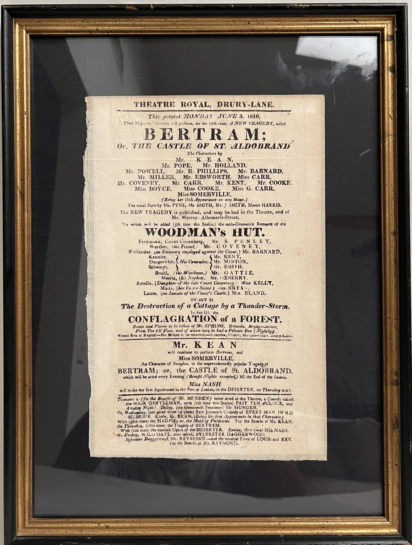 1816 Theatre Royal Drury Lane Playbill – Edmund Kean in "Bertram" – Regency Era London Stage: • Primary Performance: The playbill advertises the 17th performance of the tragedy Bertram; or, The Castle of St. Aldobrand by Charles Maturin.• Key Performer: It prominently features Mr. Ke