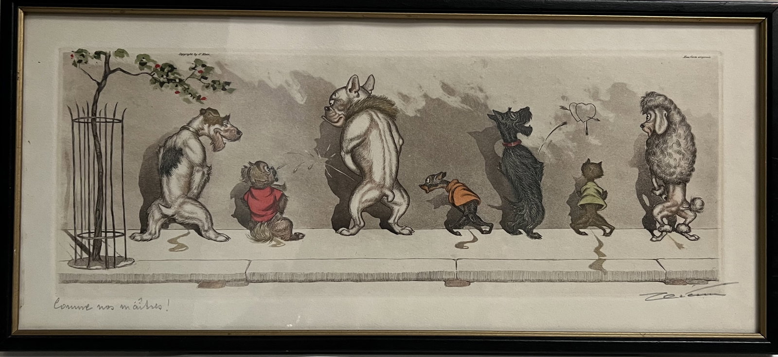 Boris O'Klein Hand-Signed Etching "Comme nos maîtres!" – Dirty Dogs of Paris Series – Framed: Title: This specific work is titled "Comme nos maîtres!" (translated as "Like our masters!"). It is written in pencil in the lower left margin.• Signature: The piece is hand-signed by the artist