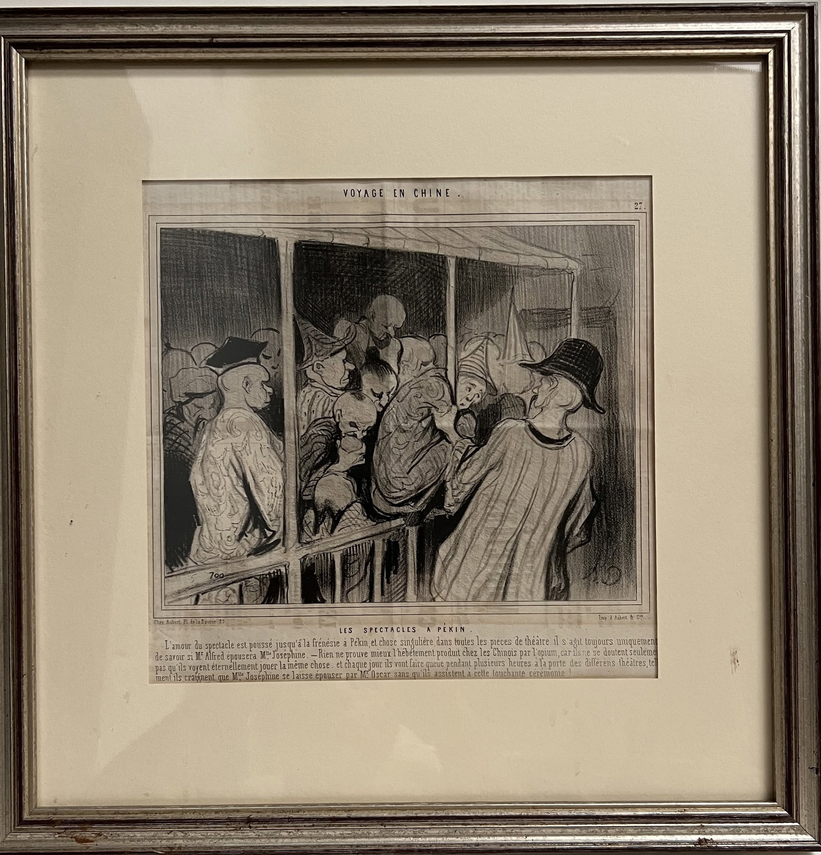 Honoré Daumier "Voyage en Chine" Plate 27 – Original 1840s Lithograph – Framed French Satire: Subject: The title of the plate is "Les Spectacles à Pékin" (The Shows in Beijing). It features plate number 27 in the upper right corner. The scene depicts a crowded theater or show in Beijing, usi