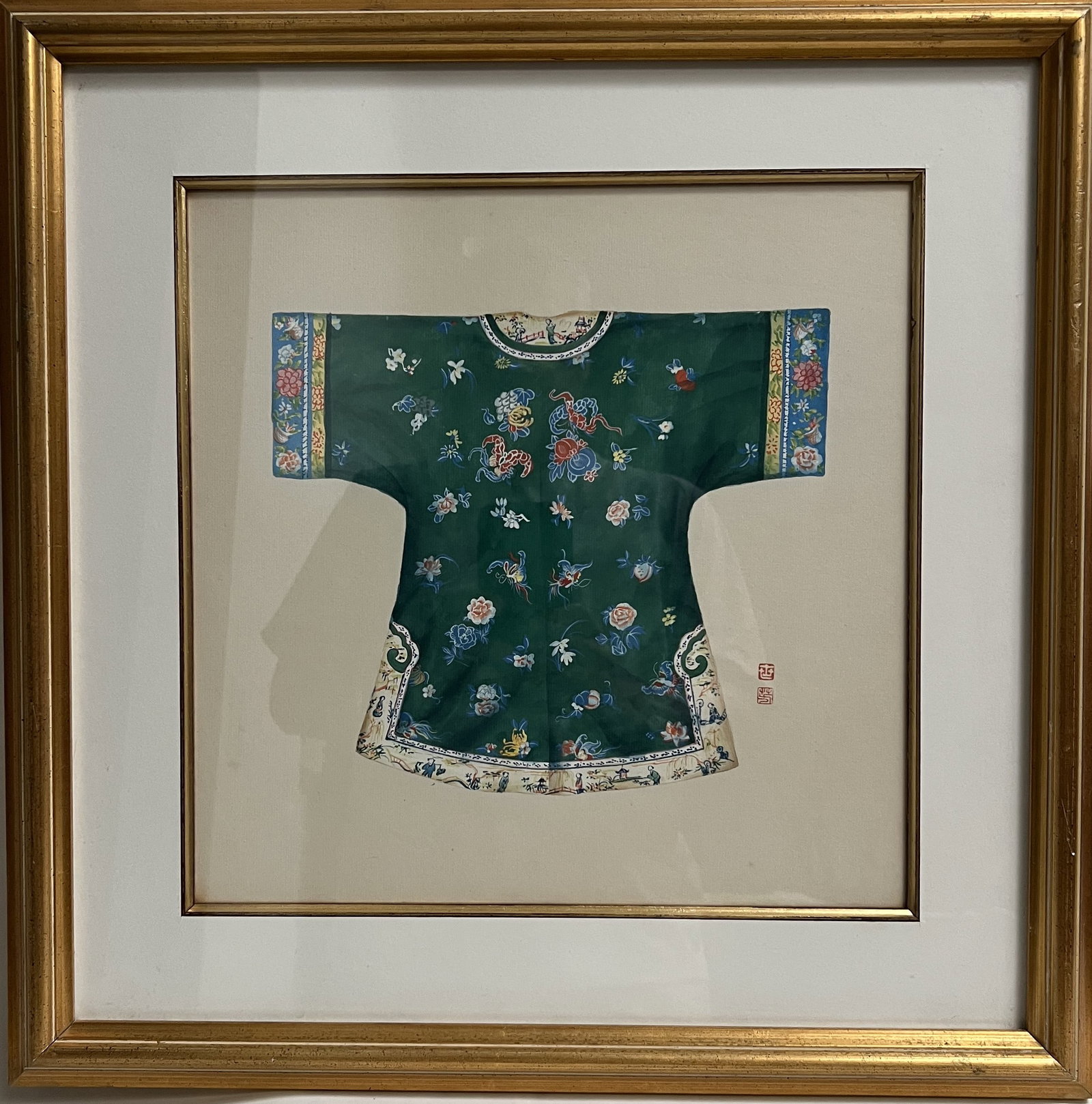 Antique 19th C. Chinese Export Pith Painting – Detailed Qing Dynasty Court Robe – Framed 18x18 (1 of 2)