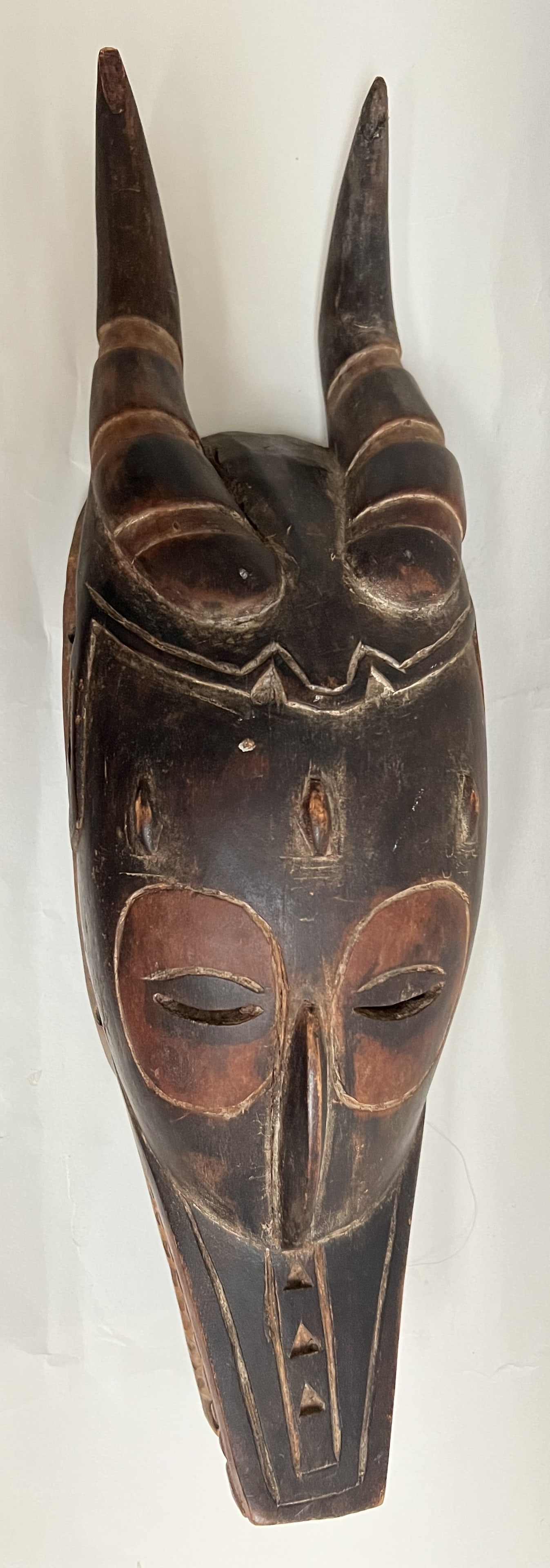 Vintage African Guro Tribal Mask – Ivory Coast Hand-Carved Wood & Horns – 17" Tall (1 of 4)