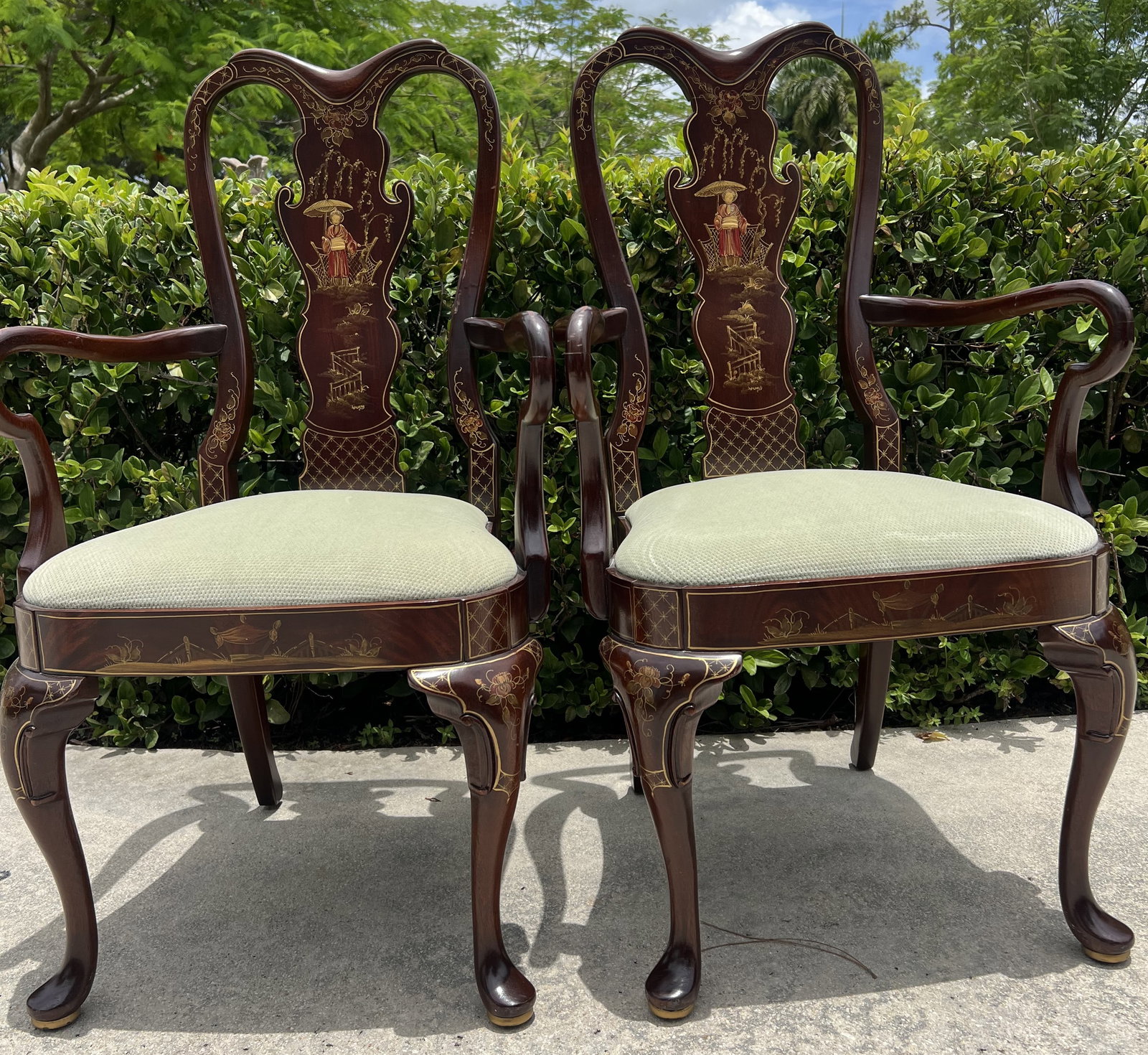 Pair of Vintage Queen Anne Chinoiserie Mahogany Armchairs - Hand-Painted Gilt & Upholstered (1 of 4)