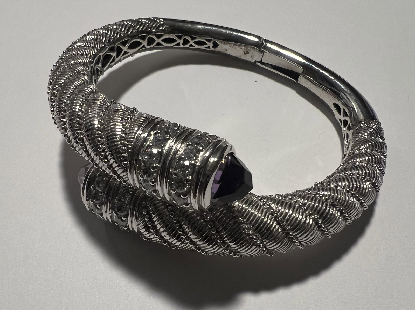 Judith Ripka 925 Sterling Silver CZ Amethyst Serpent Bypass Hinged Cuff Bangle Bracelet (1 of 2)