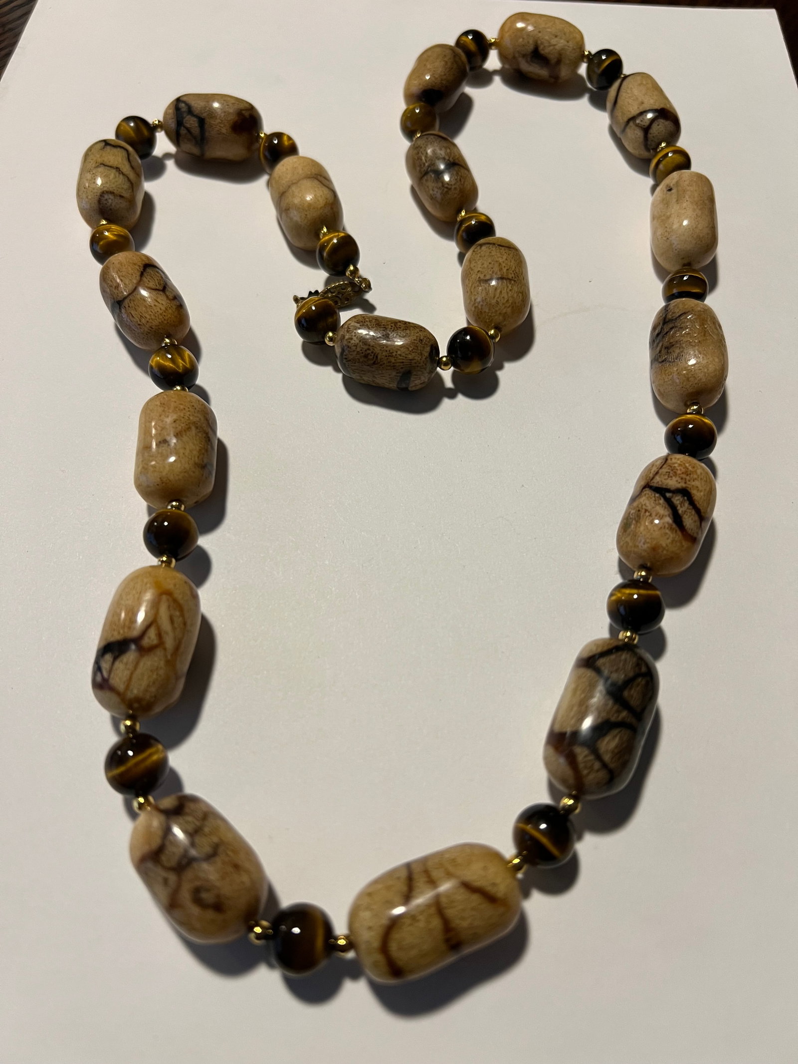 Vintage Natural Petrified Wood Barrel & Tiger's Eye Round Bead Statement Necklace (1 of 3)