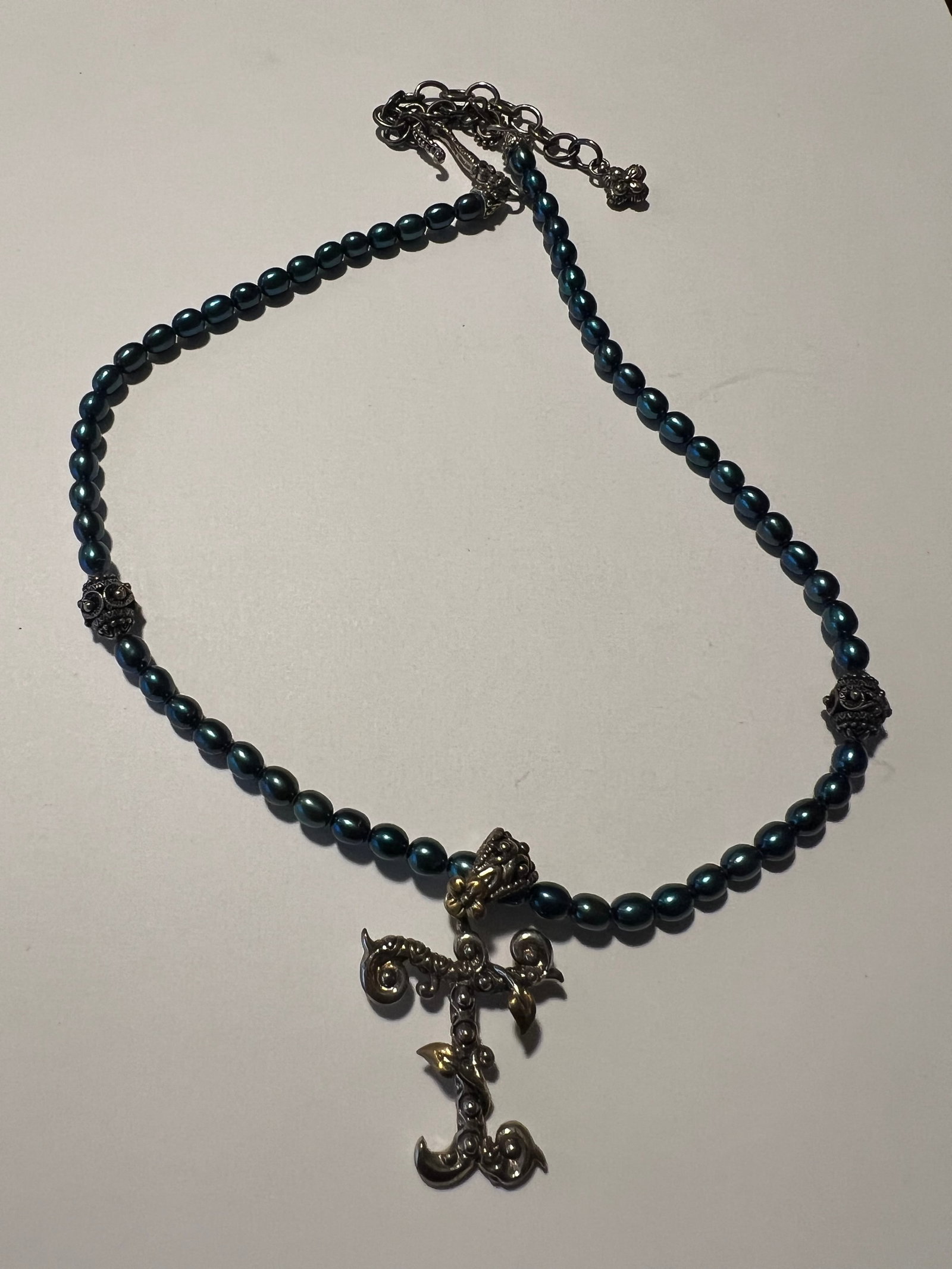 Barbara Bixby Sterling Silver 18K Gold Initial T Vine Enhancer Blue Pearl Necklace: This elegant, highly collectible jewelry set features the distinctive style of designer Barbara Bixby, showcasing her signature blend of spiritual, Old World, and botanical motifs.Item Description The