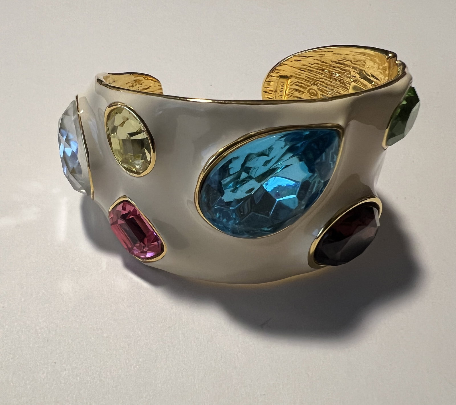 Kenneth Jay Lane KJL White Enamel Multi-Color Crystal Gemstone Hinged Cuff Bracelet (1 of 4)