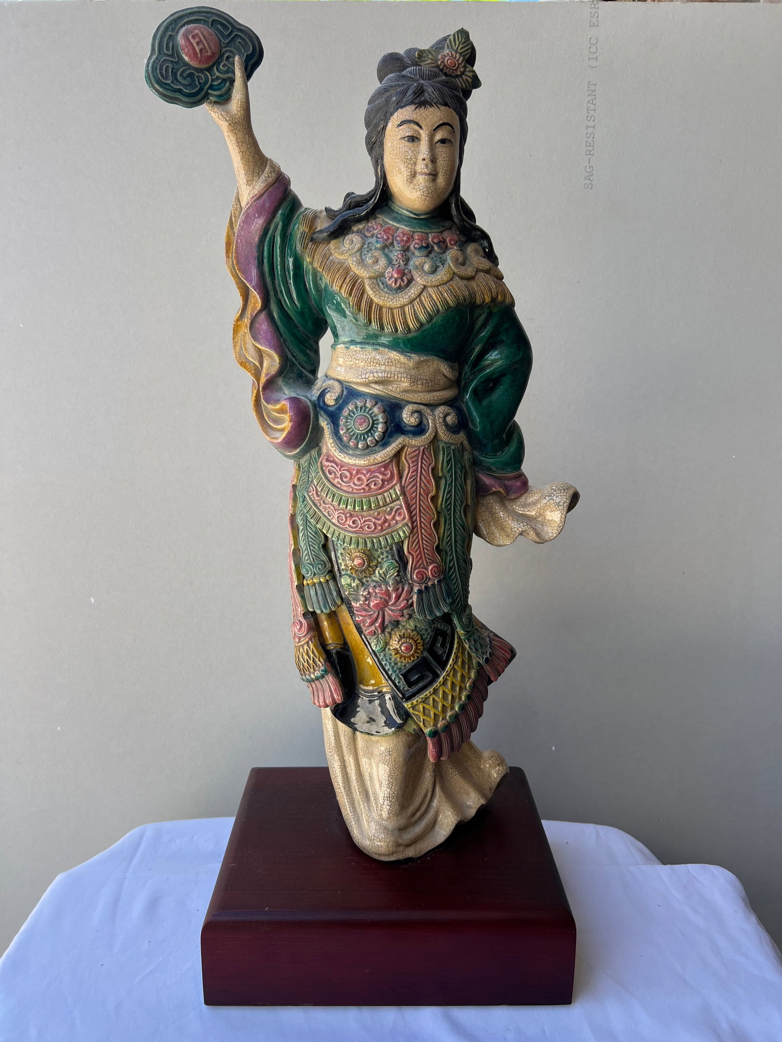 Chinese Shiwan Sancai Glazed Pottery Figure of a Female Immortal (Chang'e) – Seal Mark of Lin: this is a vintage or antique Chinese Shiwan sancai-glazed pottery figure depicting a female deity or immortal, likely Chang'e (the Goddess of the Moon), given the raised disk she holds containing the 