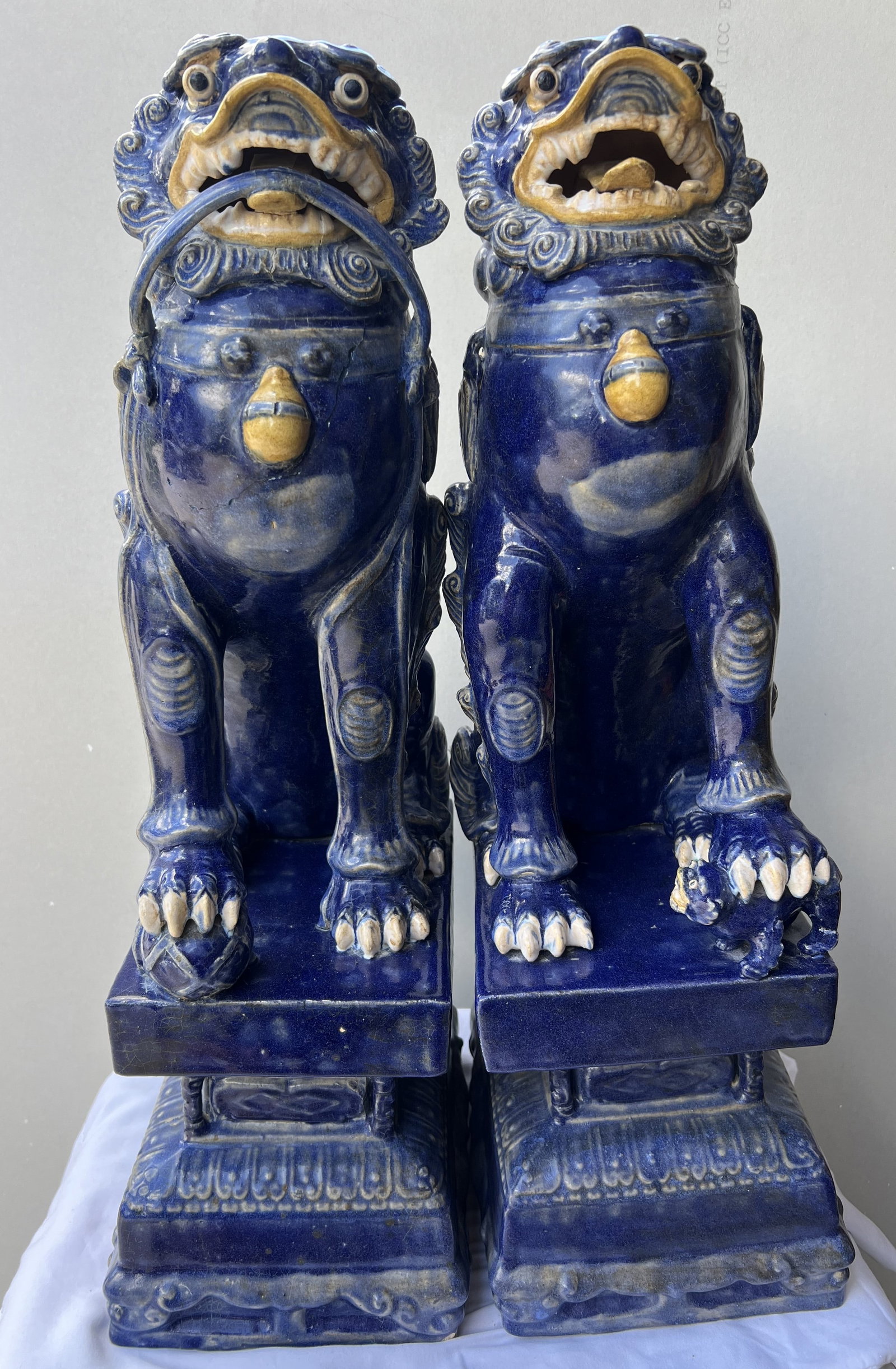 A Pair of Monumental Cobalt Blue and Yellow Glazed Ceramic Chinese Foo Dogs (Guardian Lions), Decora (1 of 7)