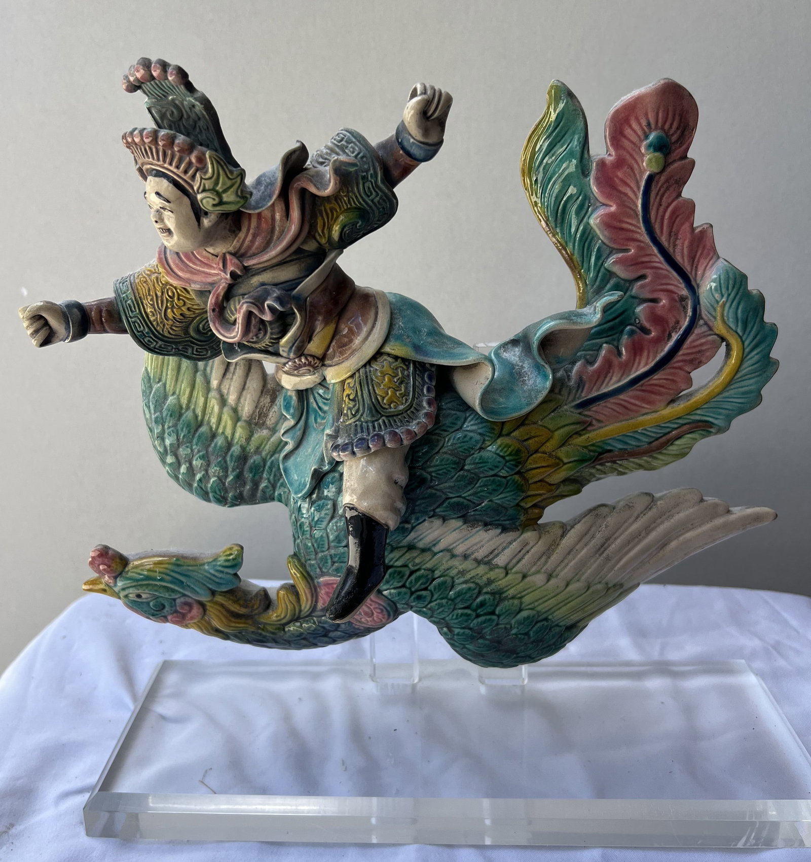 Chinese Shiwan Sancai Glazed Pottery Figural Roof Tile - Immortal Riding a Fenghuang Phoenix (1 of 5)
