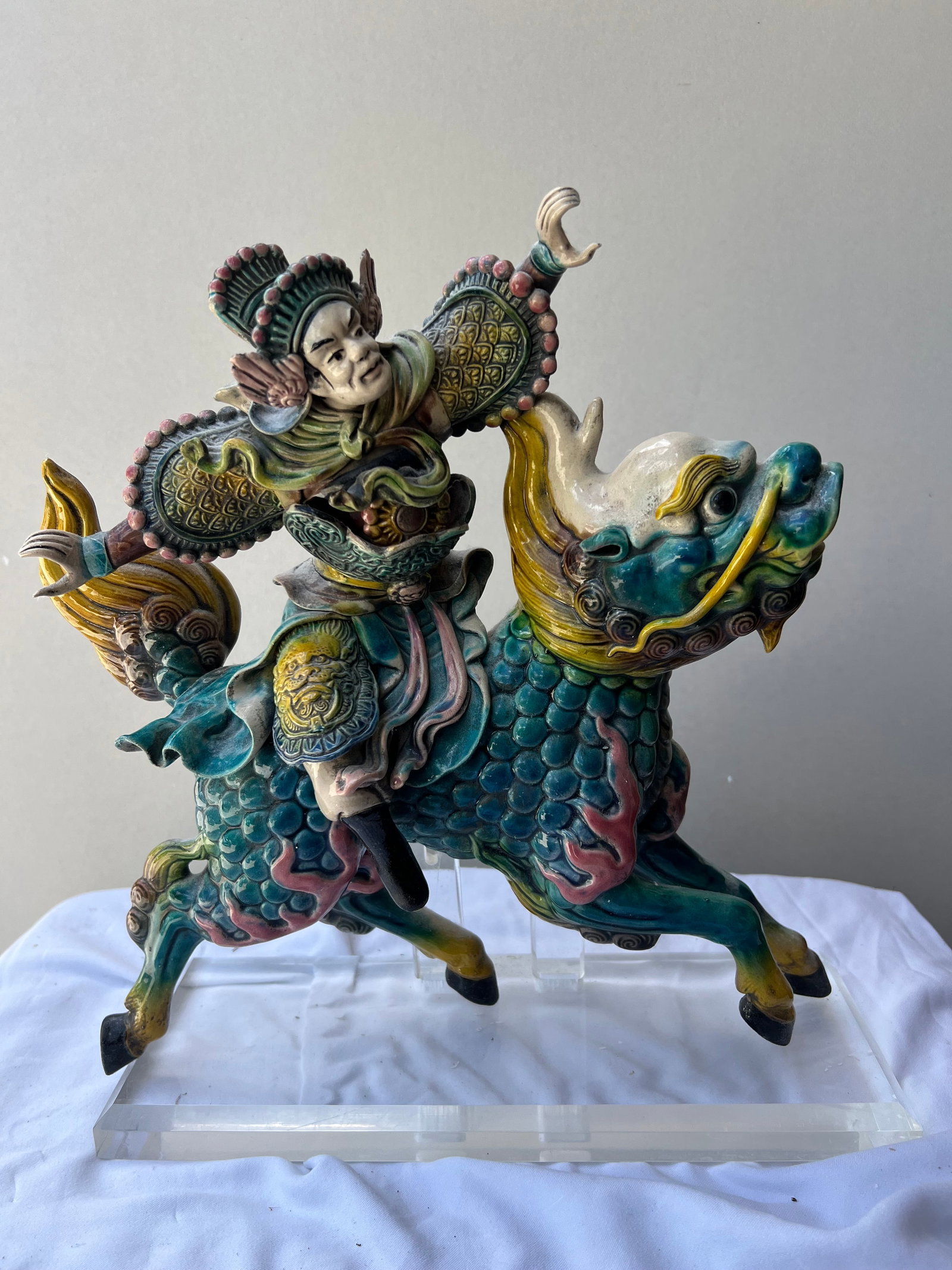 Chinese Shiwan Sancai Glazed Pottery Figural Roof Tile - Warrior Riding a Qilin (1 of 4)