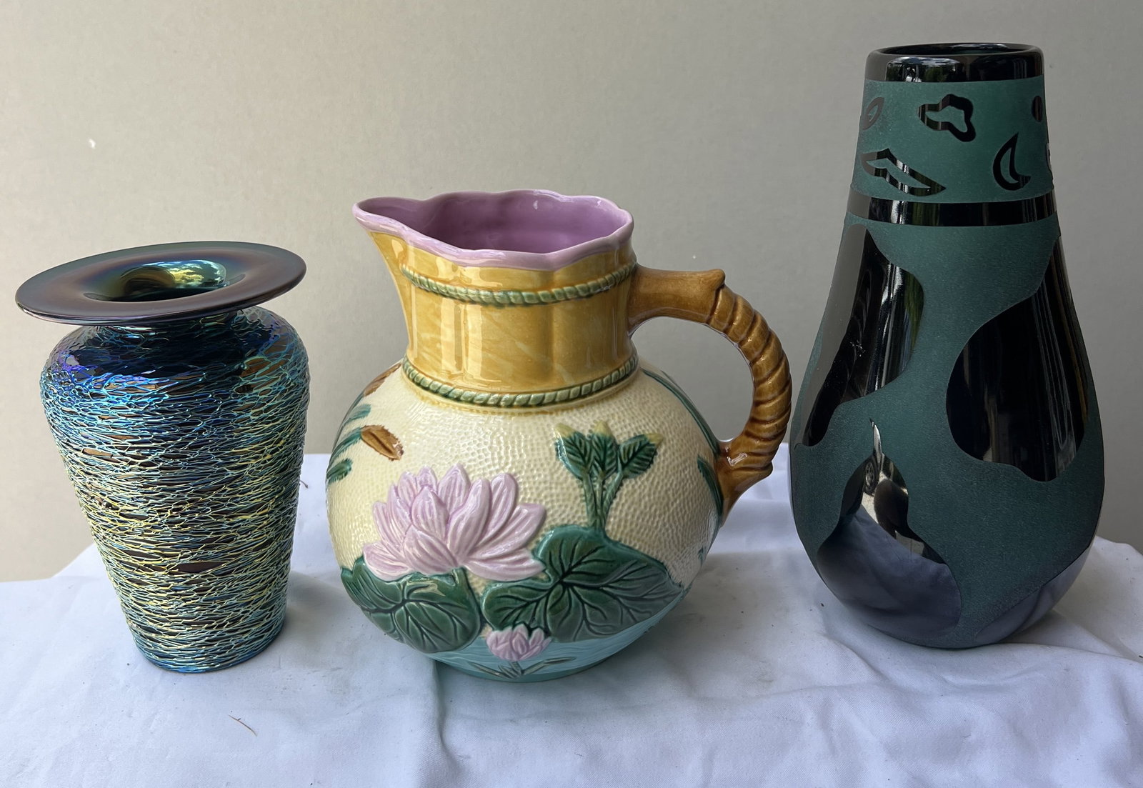 Curated Studio Art Glass & Majolica Collection (Abelman, Lundberg Studios, & Water Lily Pitcher) D (1 of 5)