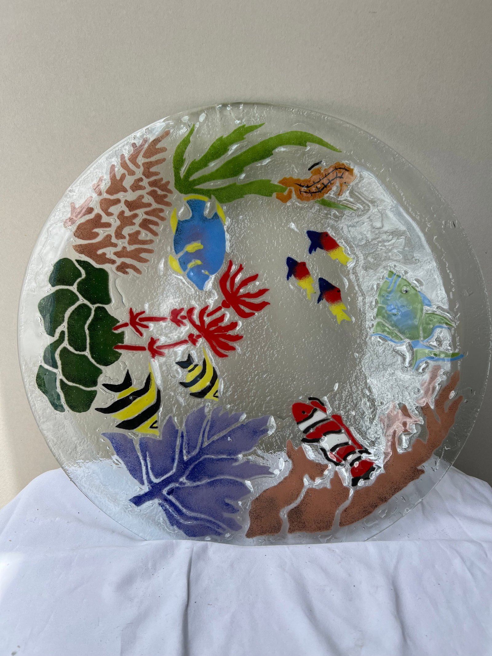 Large 19" Fused Art Glass Tropical Fish & Coral Reef Serving Platter / Centerpiece Bowl: This is a large, contemporary studio art piece crafted from thick, heavy fused and slumped art glass featuring a textured, ice-like clear background. The design showcases a vibrant, multi-colored mari