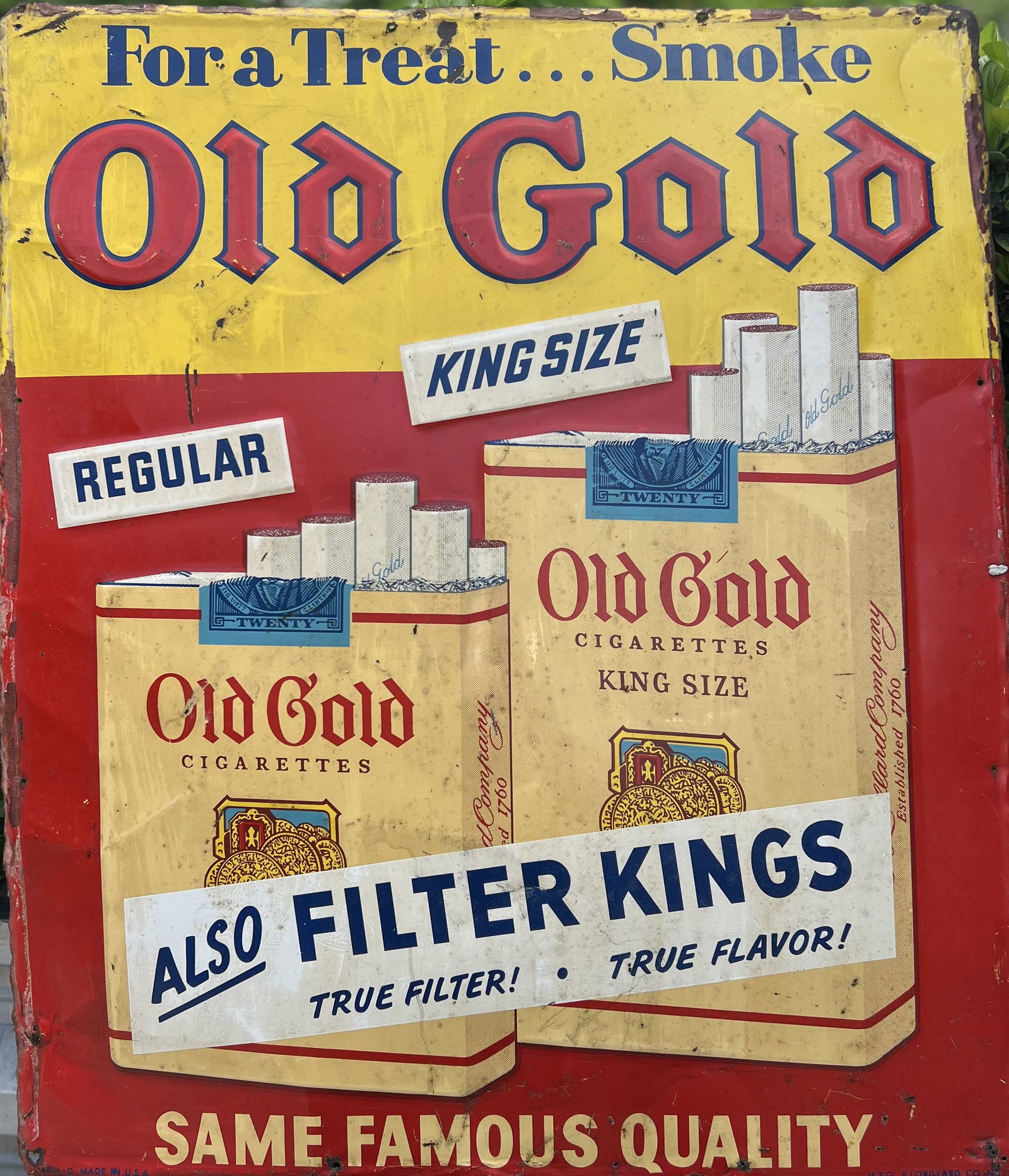 Vintage Old Gold Cigarettes Embossed Metal Advertising Sign: This is an original, single-sided embossed tin/metal advertising sign for Old Gold Cigarettes, manufactured by the P. Lorillard Company. Dating from the 1950s, this specific variation is highly desira