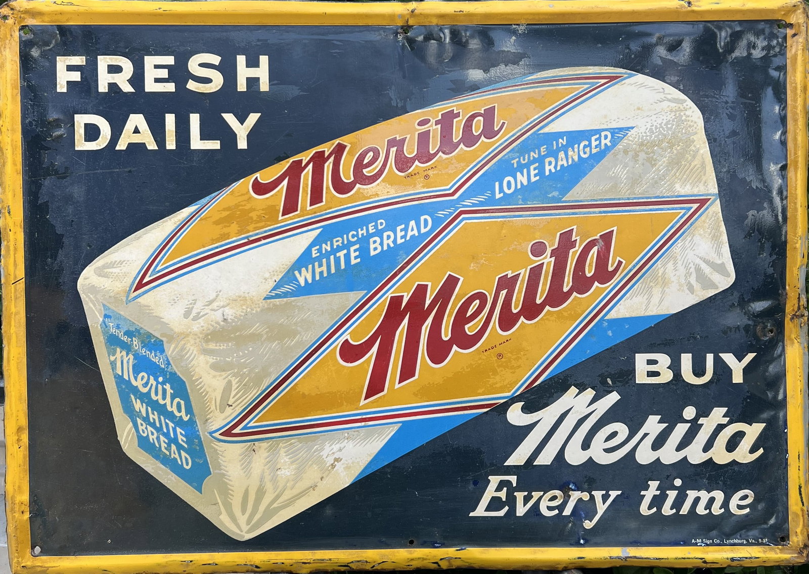 Vintage 1951 Merita Bread "Tune In Lone Ranger" Single-Sided Tin Litho Advertising Sign (1 of 1)