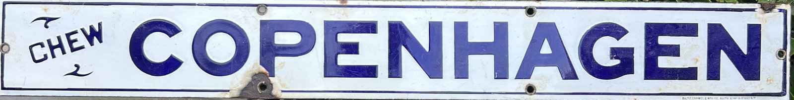 Vintage "Chew Copenhagen" Porcelain Enamel Strips / Door Push Sign Circa 1930s–1950s: Vintage "Chew Copenhagen" Porcelain Enamel Strips / Door Push SignCirca 1930s–1950sDescriptionVisible " is an authentic, vintage single-sided porcelain enamel advertising sign for Copenhagen tobacco