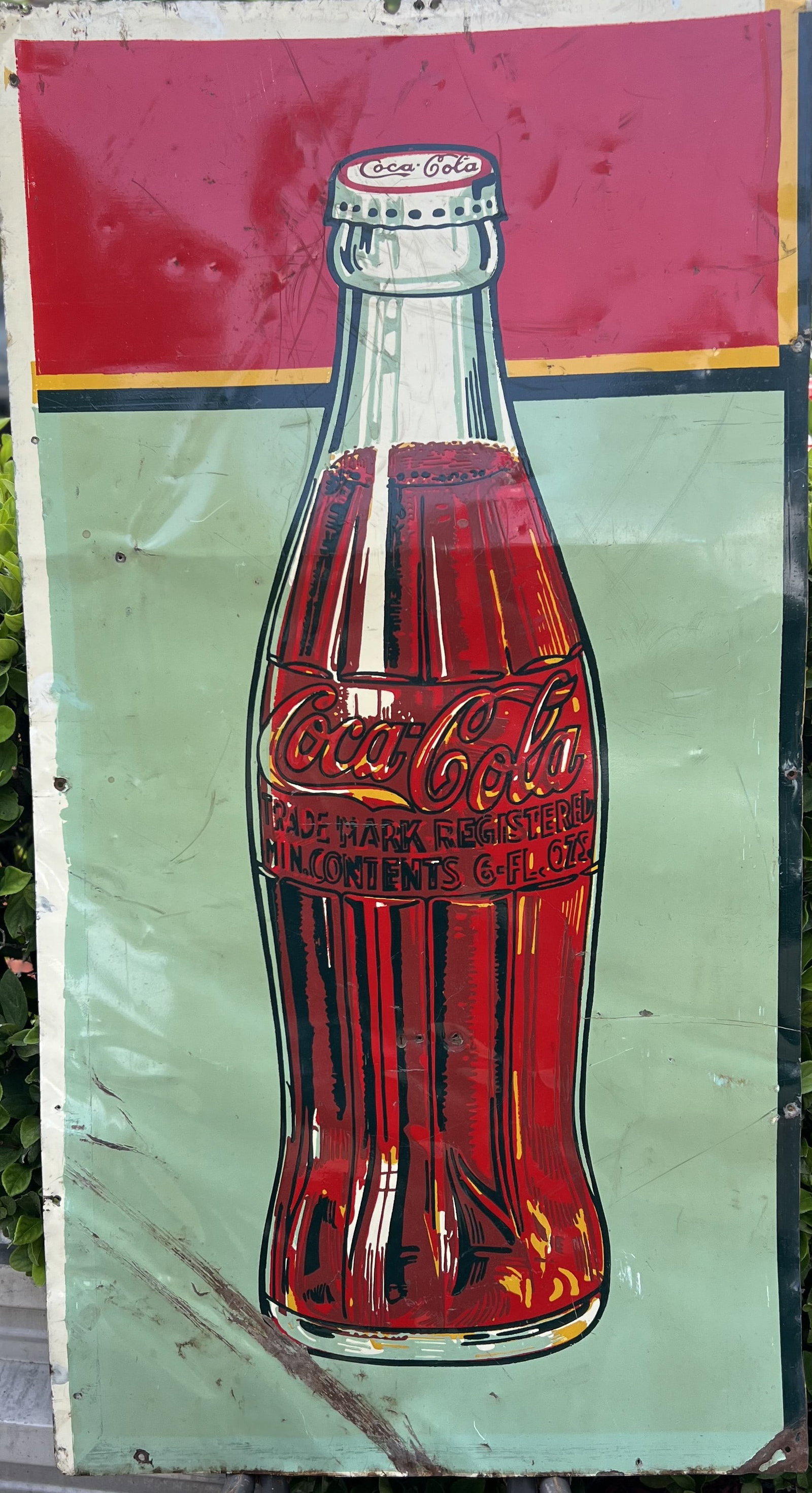 Vintage Coca-Cola Contour Bottle Pilaster Sign: Vintage Coca-Cola Contour Bottle Pilaster SignThis is an authentic vintage Coca-Cola porcelain enamel or painted metal vertical "pilaster" sign, typically dating from the late 1940s to the 1950s. It f