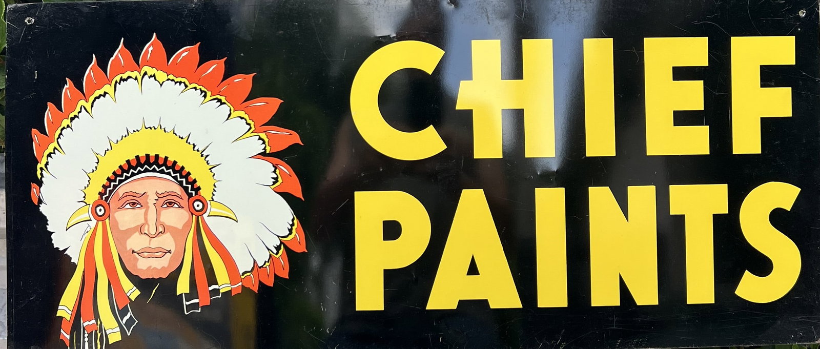 Vintage Chief Paints Double-Sided Tin Lithograph Advertising Sign: This is an original, mid-20th-century (circa 1950s–1960s) double-sided tin lithograph advertising sign for Chief Paints, a brand manufactured by Chicago Paints, Inc.The sign features a bold, classic