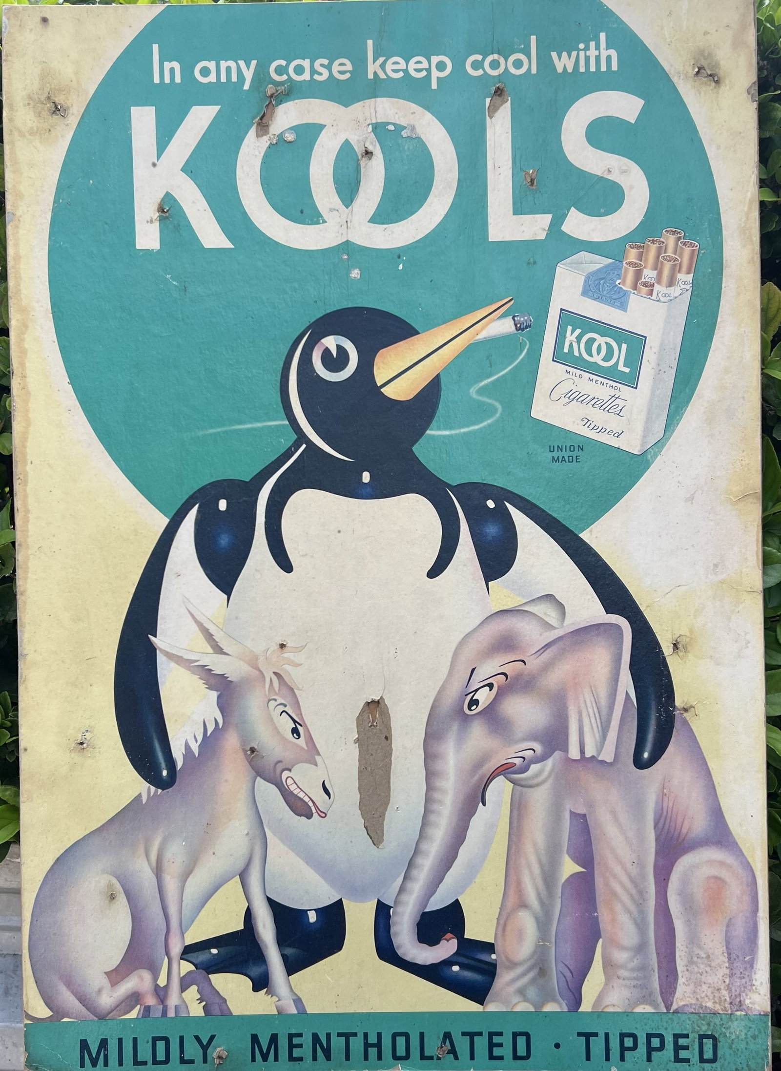 1944 Kool Cigarettes "Willie the Penguin" Political Election Cardboard Advertising Sign (1 of 1)