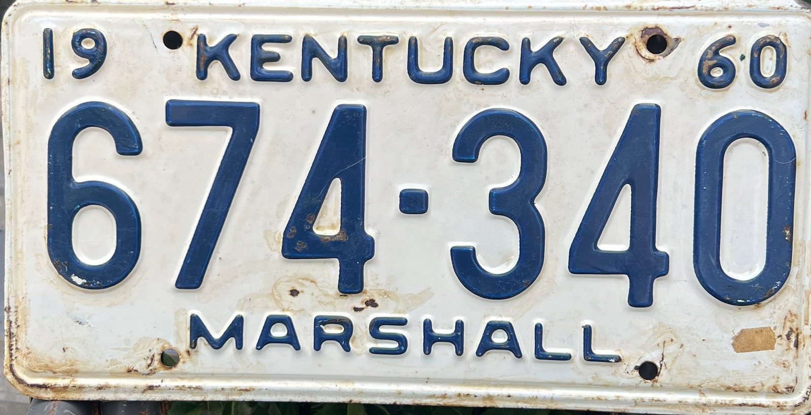 Vintage 1960 Kentucky License Plate (Marshall County): Vintage 1960 Kentucky License Plate (Marshall County) Description: This is an authentic, vintage 1960 Kentucky passenger car license plate. It features a white background with dark blue embossed lette