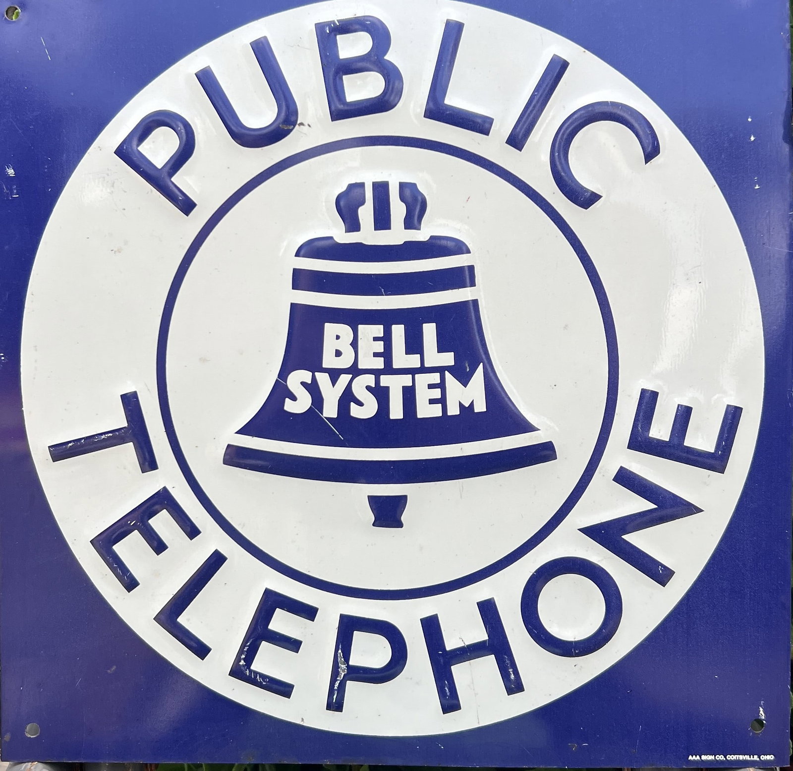 vintage-style, single-sided, embossed metal advertising sign for the Bell System Public Telephone. (1 of 1)