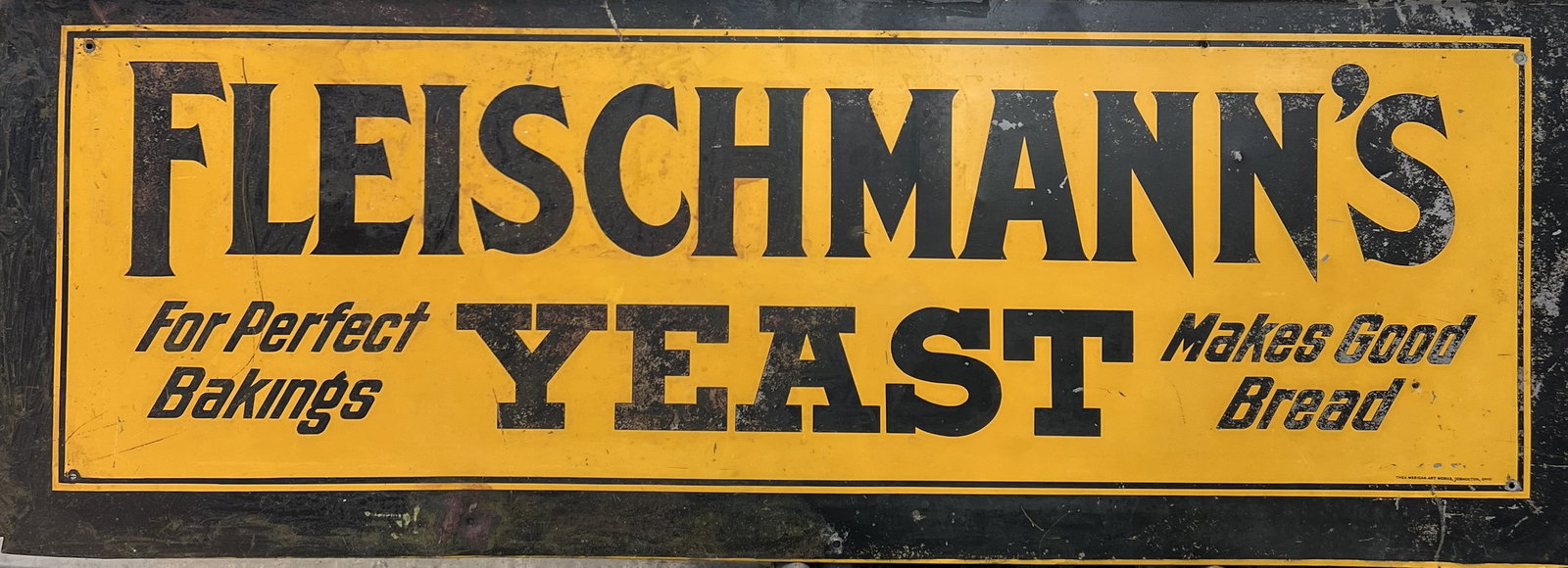 Vintage Fleischmann's Yeast Advertising Sign: Vintage Fleischmann's Yeast Advertising SignDescriptionThis is an authentic, vintage single-sided porcelain or tin advertising sign for Fleischmann's Yeast. Design: Features a classic bold, black typo